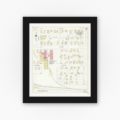 Old map wall art mockup — black gallery frame with white mat — Sanborn Fire Insurance Map from Nappanee, Elkhart County, Indiana (1910), Sheet #0006