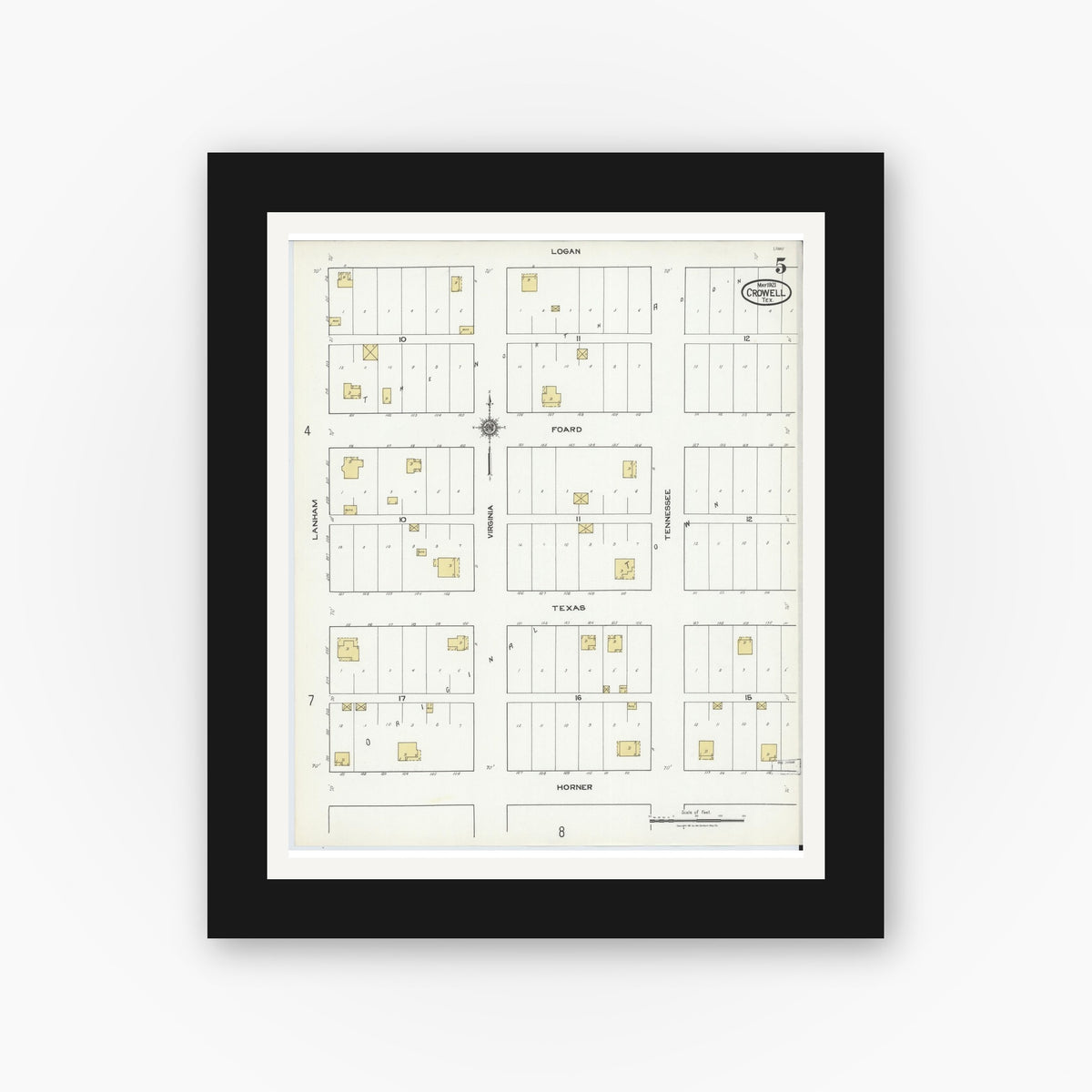Old map wall art mockup — black gallery frame with white mat — Sanborn Fire Insurance Map from Crowell, Foard County, Texas (1921), Sheet #0005