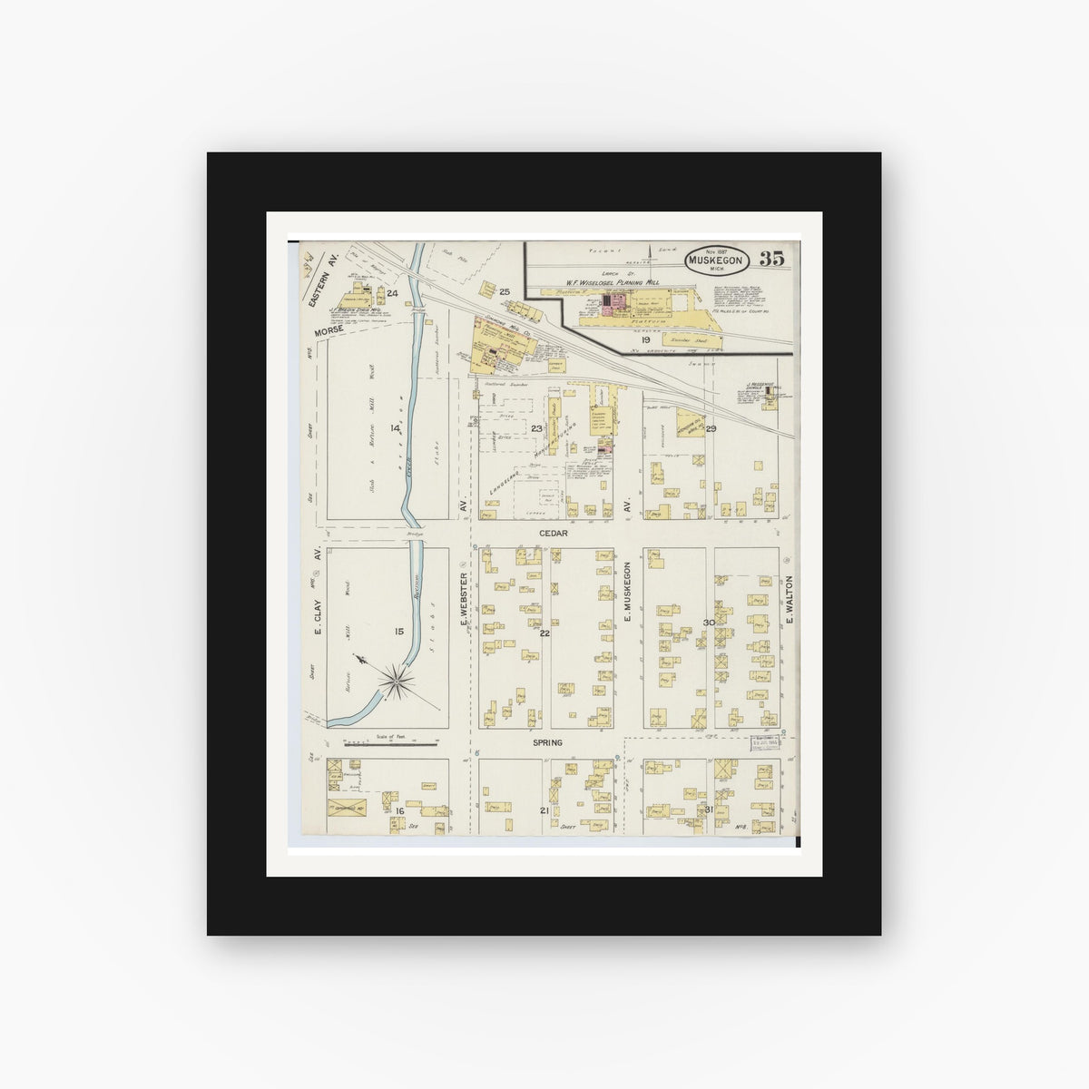 Old map wall art mockup — black gallery frame with white mat — Sanborn Fire Insurance Map from Muskegon, Muskegon County, Michigan (1887), Sheet #0035