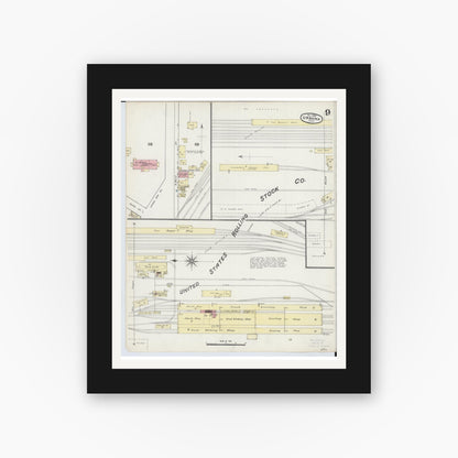 Old map wall art mockup — black gallery frame with white mat — Sanborn Fire Insurance Map from Urbana, Champaign County, Ohio (1890), Sheet #0009
