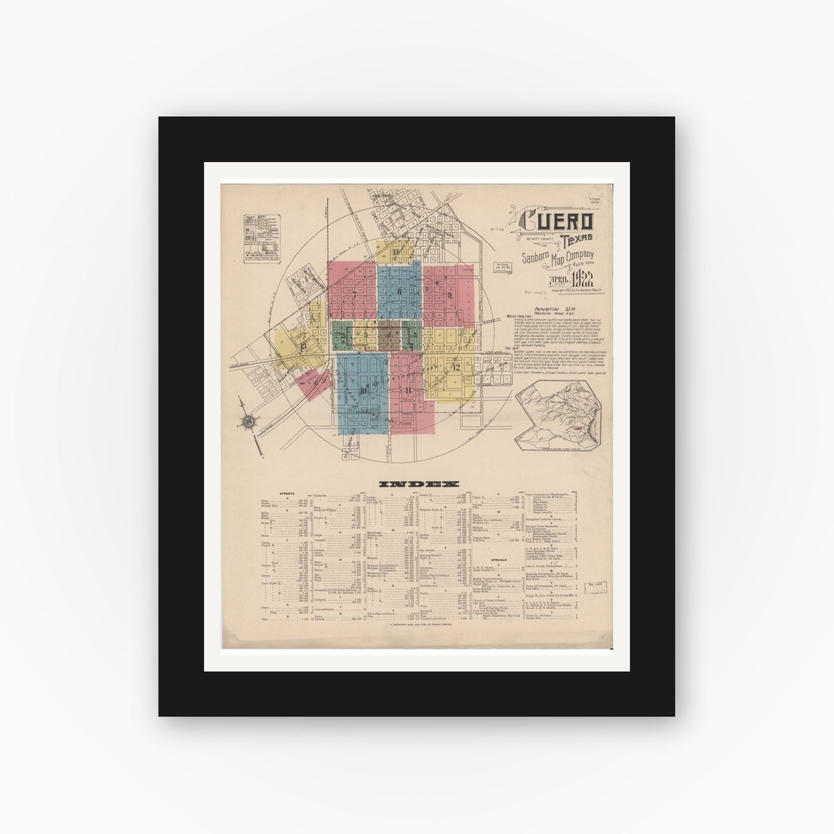 Old map wall art mockup — black gallery frame with white mat — Sanborn Fire Insurance Map from Cuero, De Witt County, Texas (1922), Sheet #0001