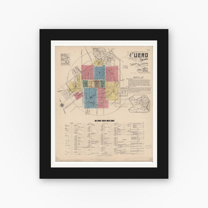 Old map wall art mockup — black gallery frame with white mat — Sanborn Fire Insurance Map from Cuero, De Witt County, Texas (1922), Sheet #0001