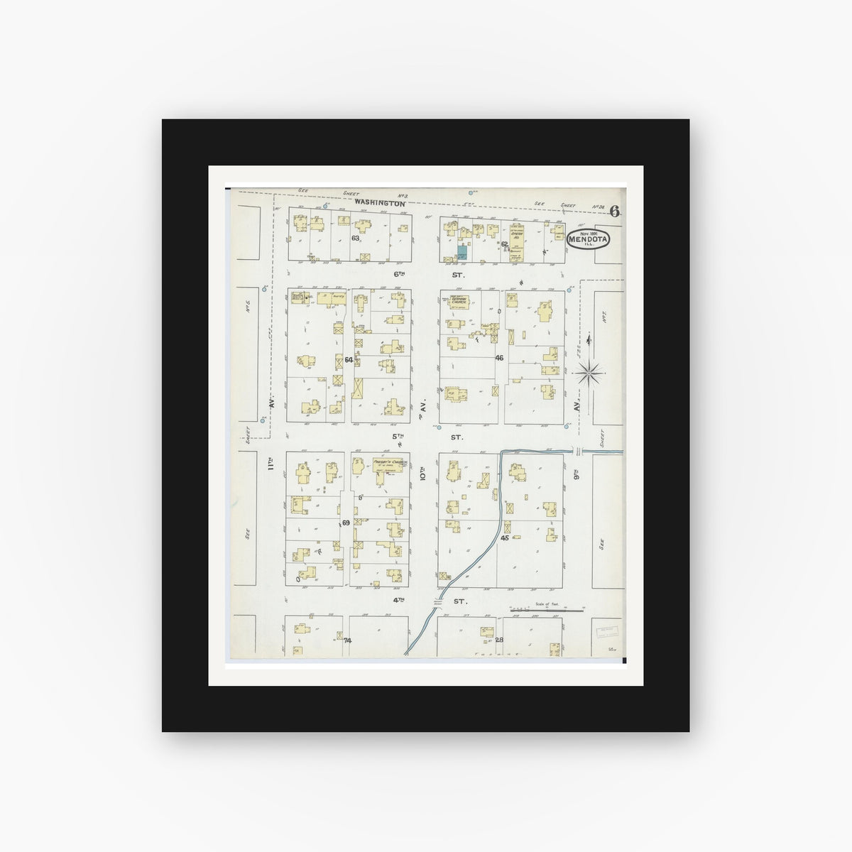 Old map wall art mockup — black gallery frame with white mat — Sanborn Fire Insurance Map from Mendota, La Salle County, Illinois (1891), Sheet #0006