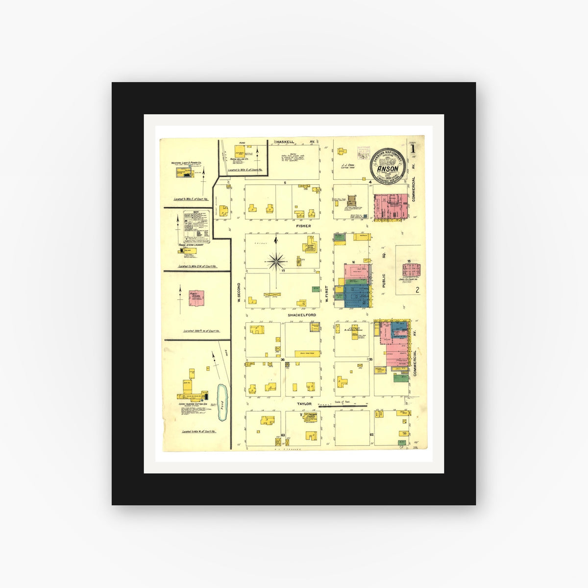 Old map wall art mockup — black gallery frame with white mat — Sanborn Fire Insurance Map from Anson, Jones County, Texas (1908), Sheet #0001