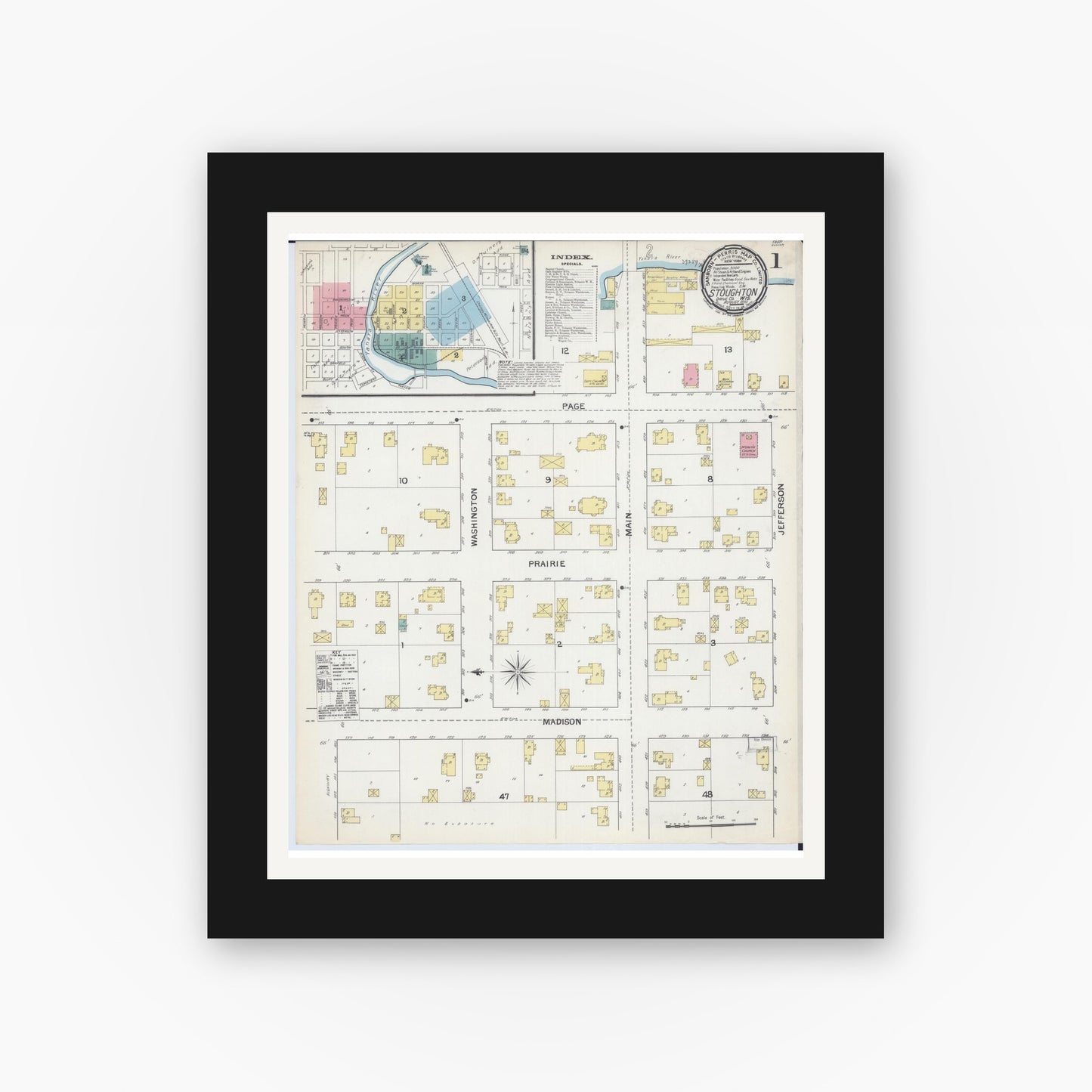 Old map wall art mockup — black gallery frame with white mat — Sanborn Fire Insurance Map from Stoughton, Dane County, Wisconsin (1892), Sheet #0001