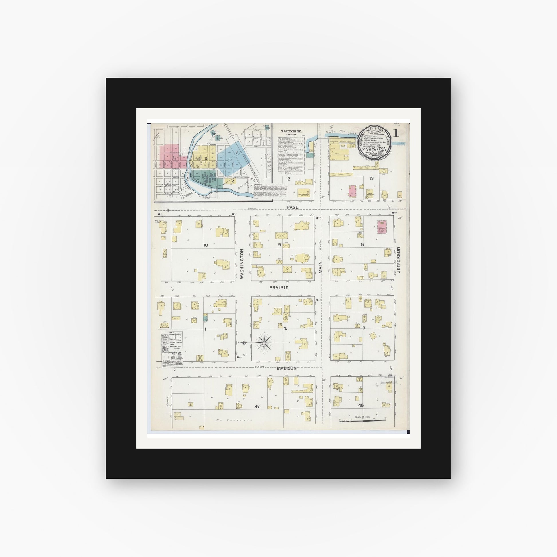 Old map wall art mockup — black gallery frame with white mat — Sanborn Fire Insurance Map from Stoughton, Dane County, Wisconsin (1892), Sheet #0001