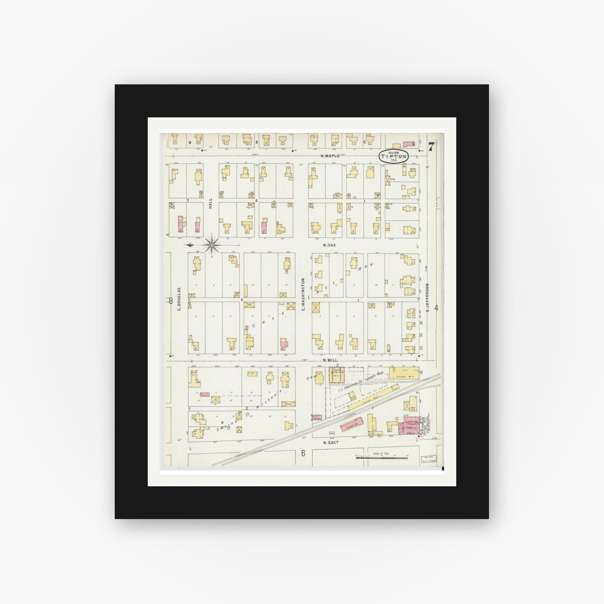 Old map wall art mockup — black gallery frame with white mat — Sanborn Fire Insurance Map from Tipton, Tipton County, Indiana (1896), Sheet #0007