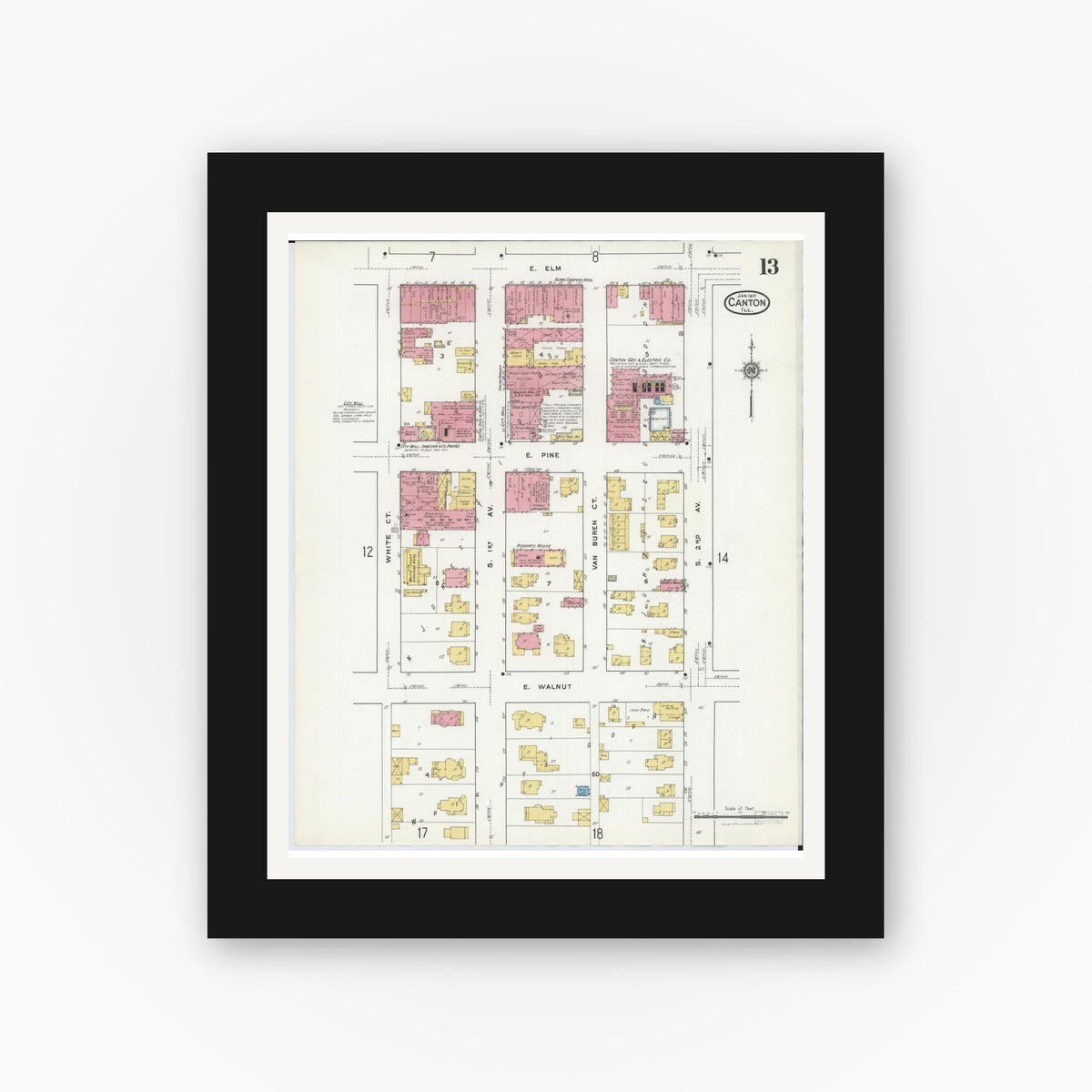 Old map wall art mockup — black gallery frame with white mat — Sanborn Fire Insurance Map from Canton, Fulton County, Illinois (1917), Sheet #0013