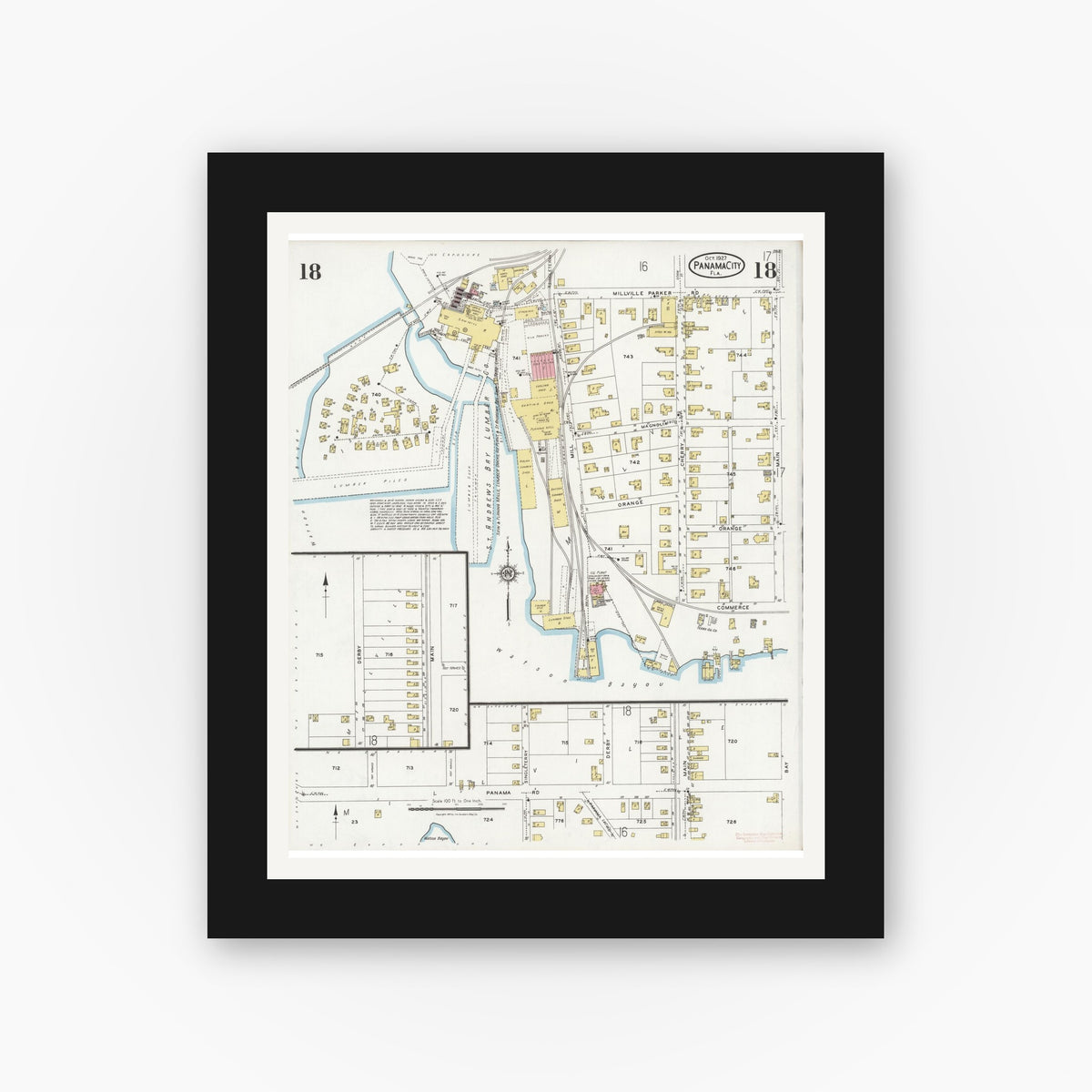 Old map wall art mockup — black gallery frame with white mat — Sanborn Fire Insurance Map from Panama City, Bay County, Florida (1927), Sheet #0018
