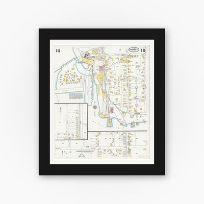 Old map wall art mockup — black gallery frame with white mat — Sanborn Fire Insurance Map from Panama City, Bay County, Florida (1927), Sheet #0018