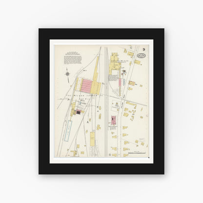 Old map wall art mockup — black gallery frame with white mat — Sanborn Fire Insurance Map from Weldon, Halifax County, North Carolina (1915), Sheet #0009