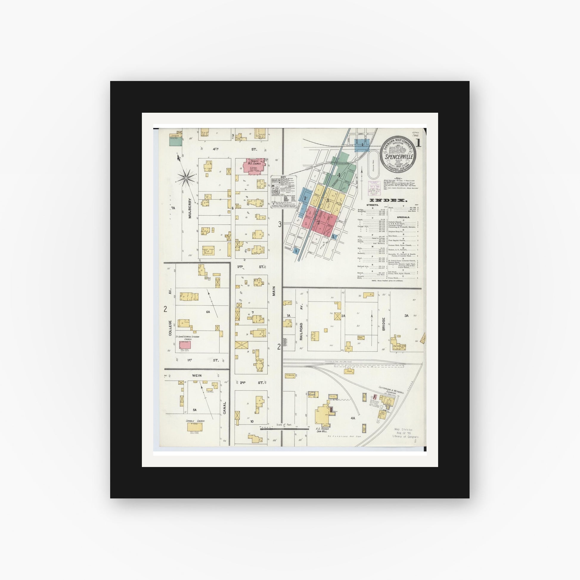 Old map wall art mockup — black gallery frame with white mat — Sanborn Fire Insurance Map from Spencerville, Allen County, Ohio (1902) - Complete Map Set
