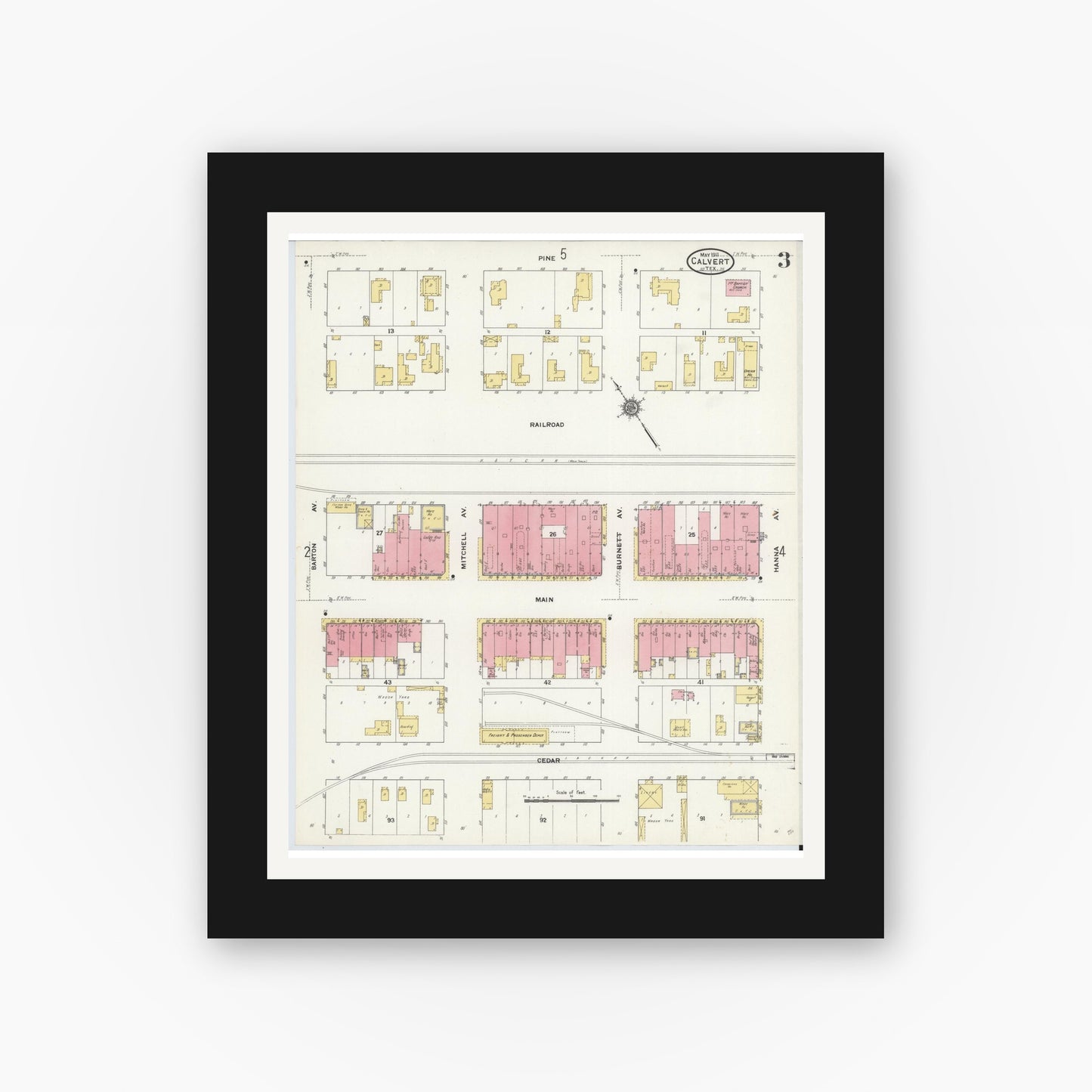 Old map wall art mockup — black gallery frame with white mat — Sanborn Fire Insurance Map from Calvert, Robertson County, Texas (1911), Sheet #0003