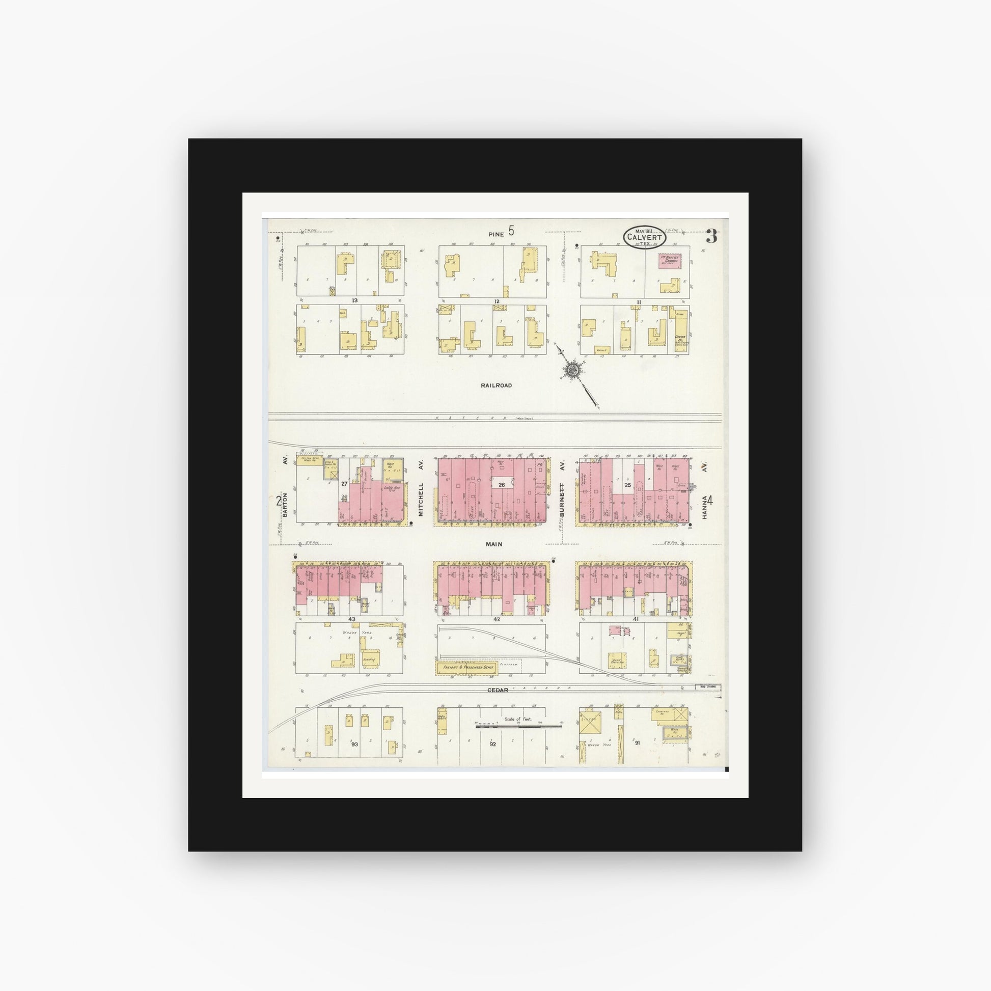 Old map wall art mockup — black gallery frame with white mat — Sanborn Fire Insurance Map from Calvert, Robertson County, Texas (1911), Sheet #0003