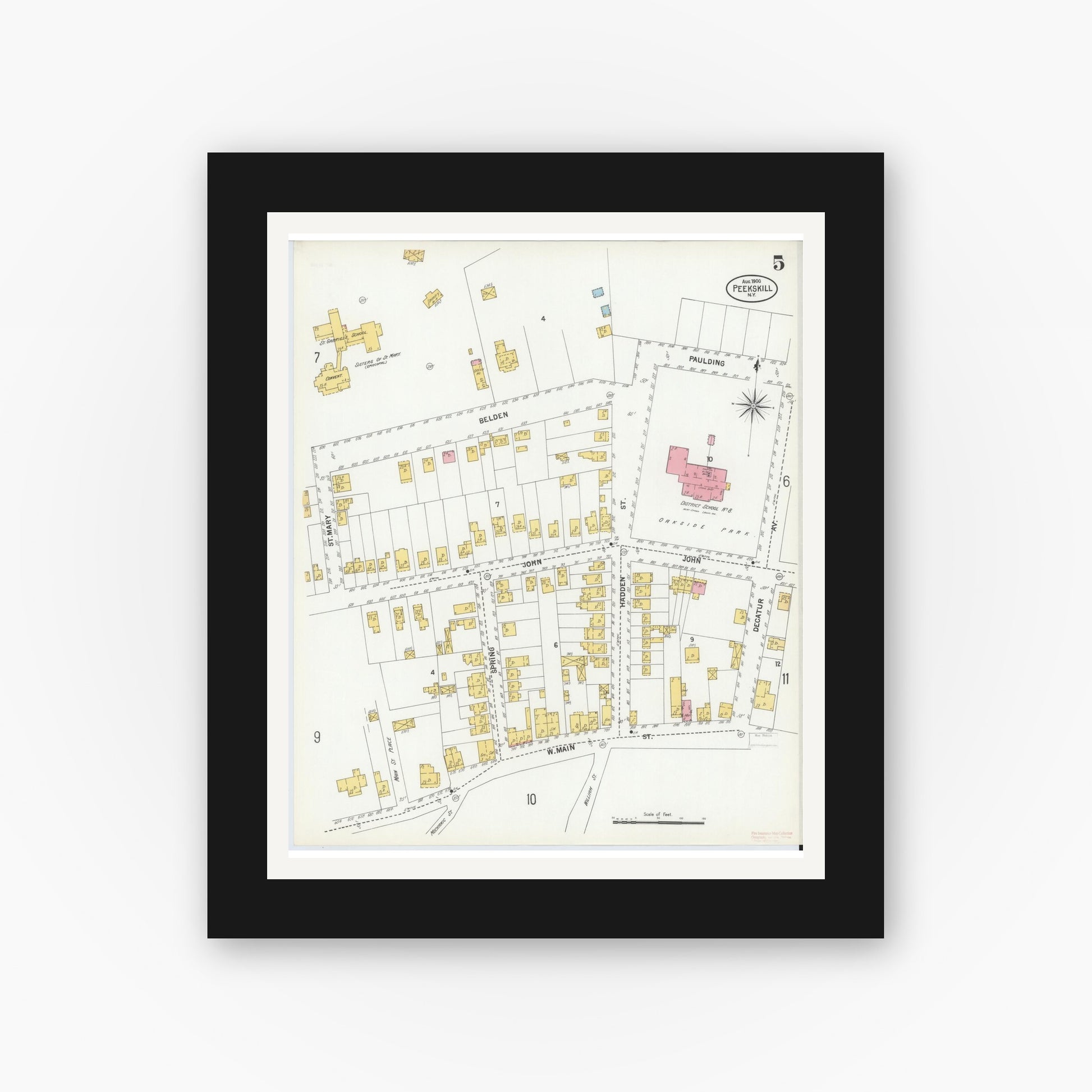Old map wall art mockup — black gallery frame with white mat — Sanborn Fire Insurance Map from Peekskill, Westchester County, New York (1900), Sheet #0005