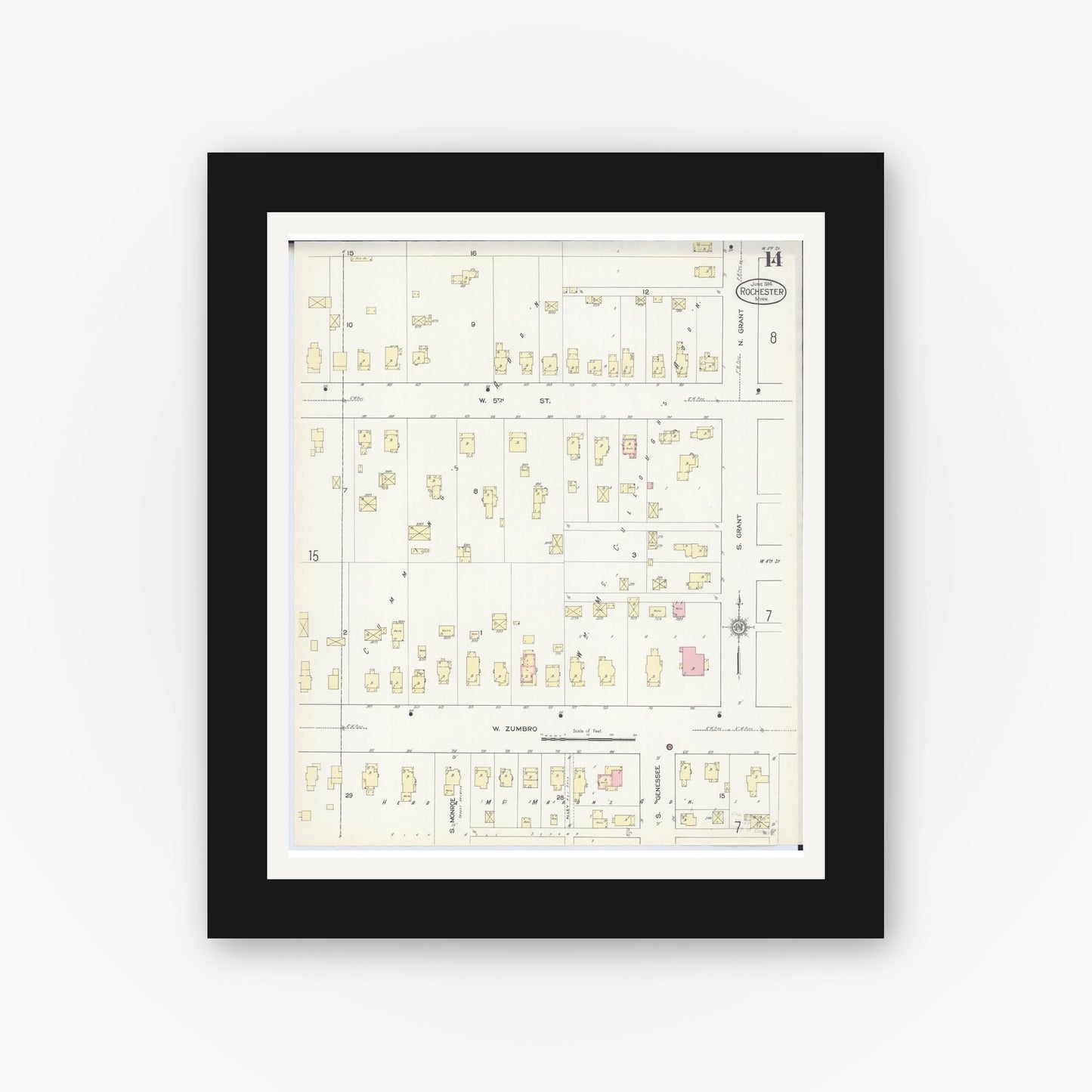 Old map wall art mockup — black gallery frame with white mat — Sanborn Fire Insurance Map from Rochester, Olmsted County, Minnesota (1914), Sheet #0014