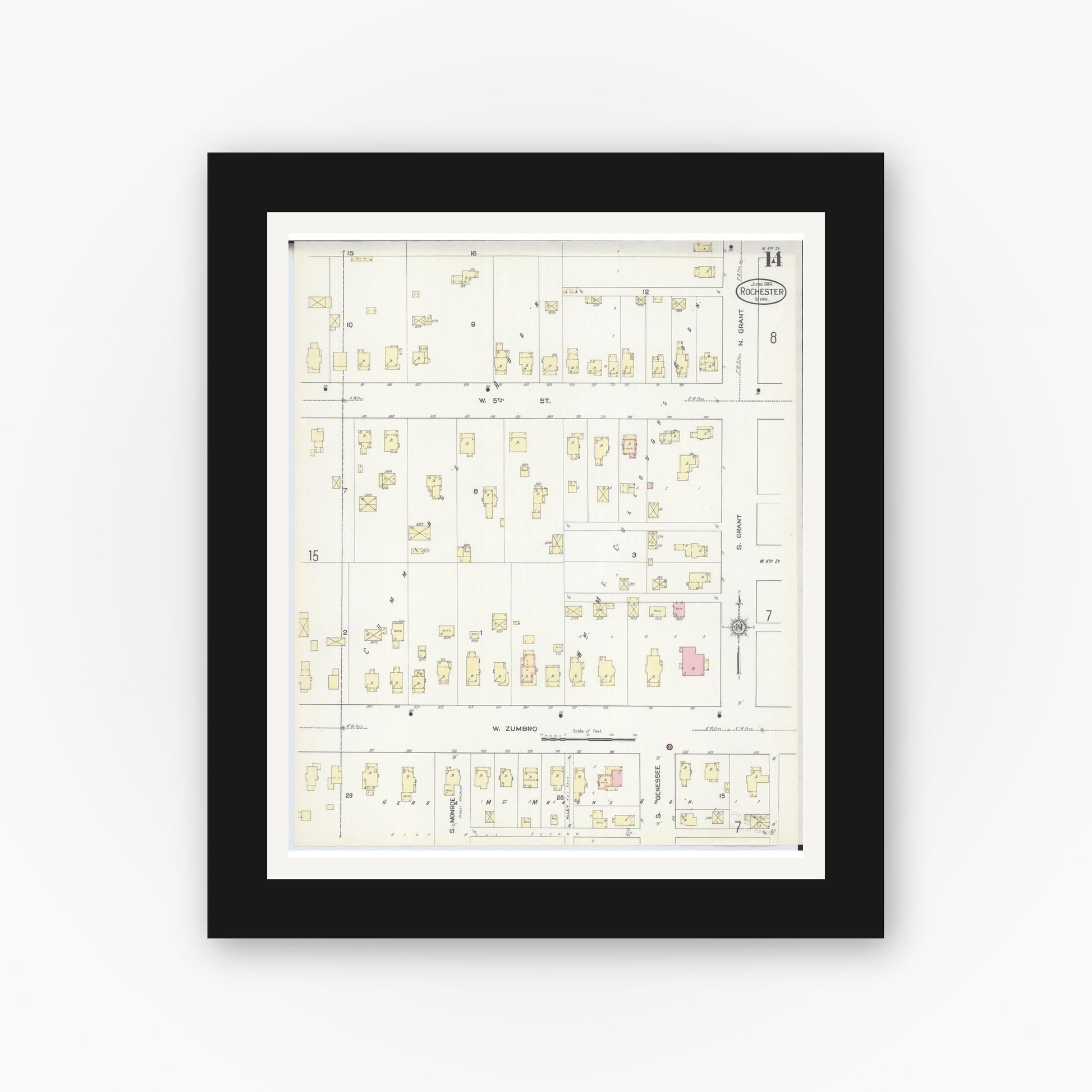Old map wall art mockup — black gallery frame with white mat — Sanborn Fire Insurance Map from Rochester, Olmsted County, Minnesota (1914), Sheet #0014