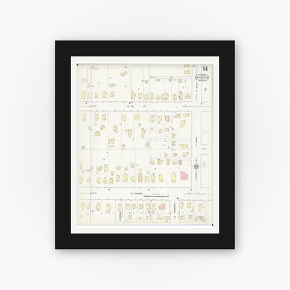 Old map wall art mockup — black gallery frame with white mat — Sanborn Fire Insurance Map from Rochester, Olmsted County, Minnesota (1914), Sheet #0014
