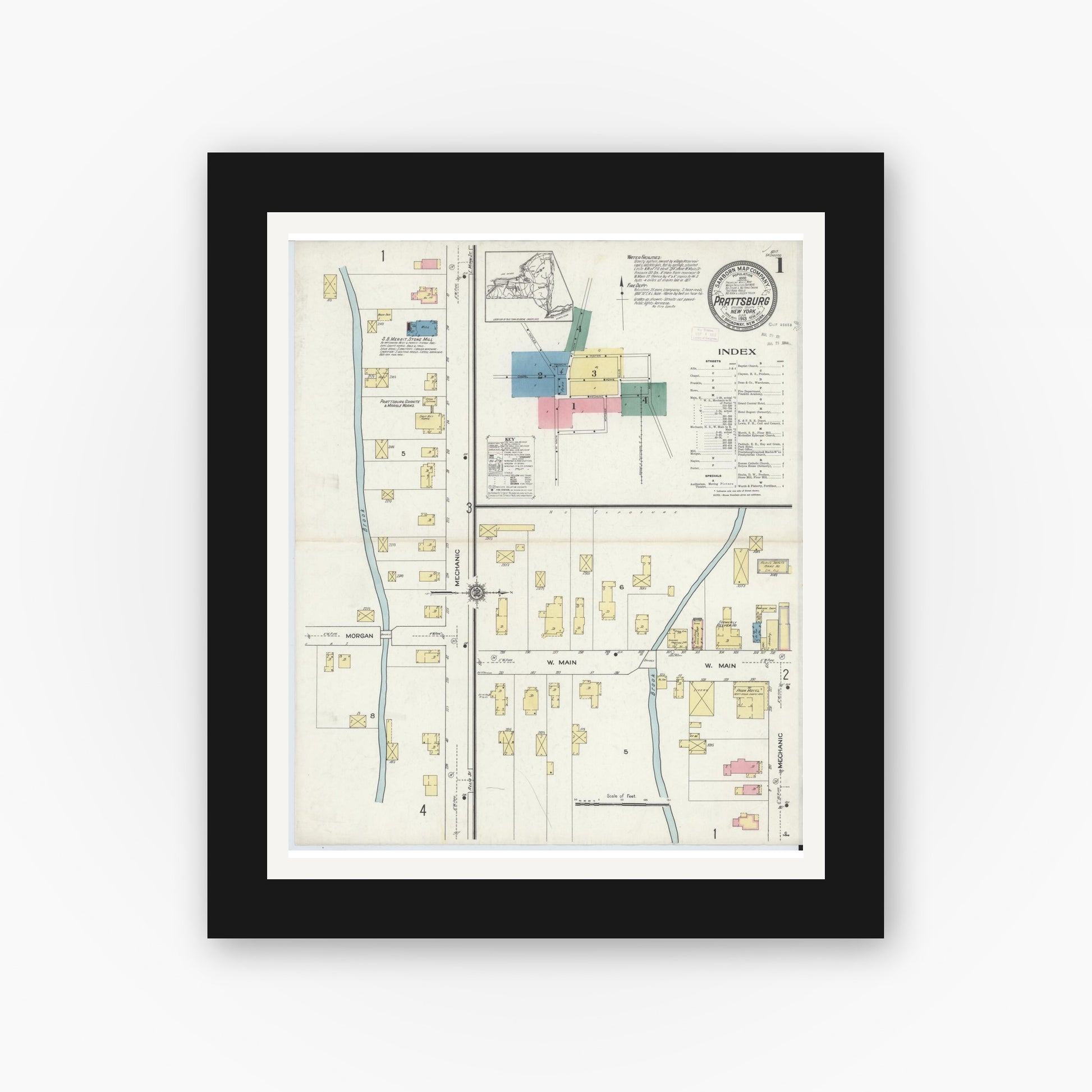Old map wall art mockup — black gallery frame with white mat — Sanborn Fire Insurance Map from Prattsburgh, Steuben County, New York (1913), Sheet #0001