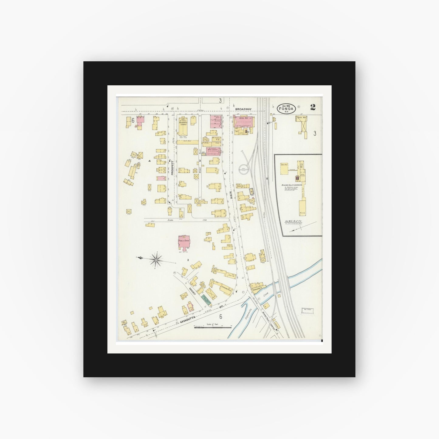 Old map wall art mockup — black gallery frame with white mat — Sanborn Fire Insurance Map from Fonda, Montgomery County, New York (1906), Sheet #0002