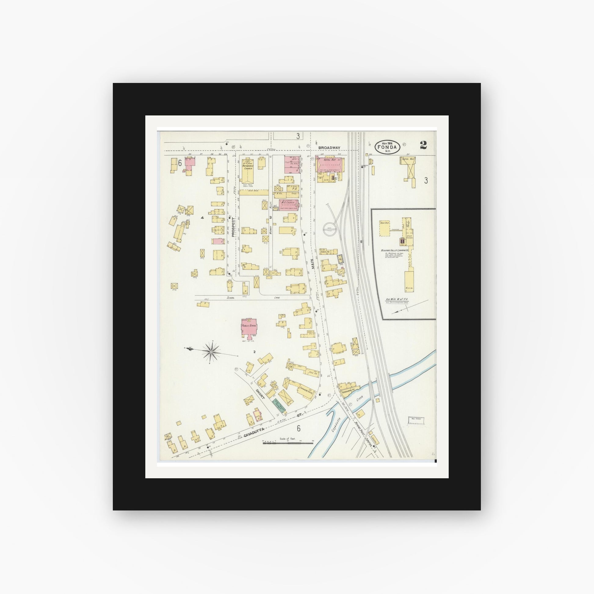 Old map wall art mockup — black gallery frame with white mat — Sanborn Fire Insurance Map from Fonda, Montgomery County, New York (1906), Sheet #0002