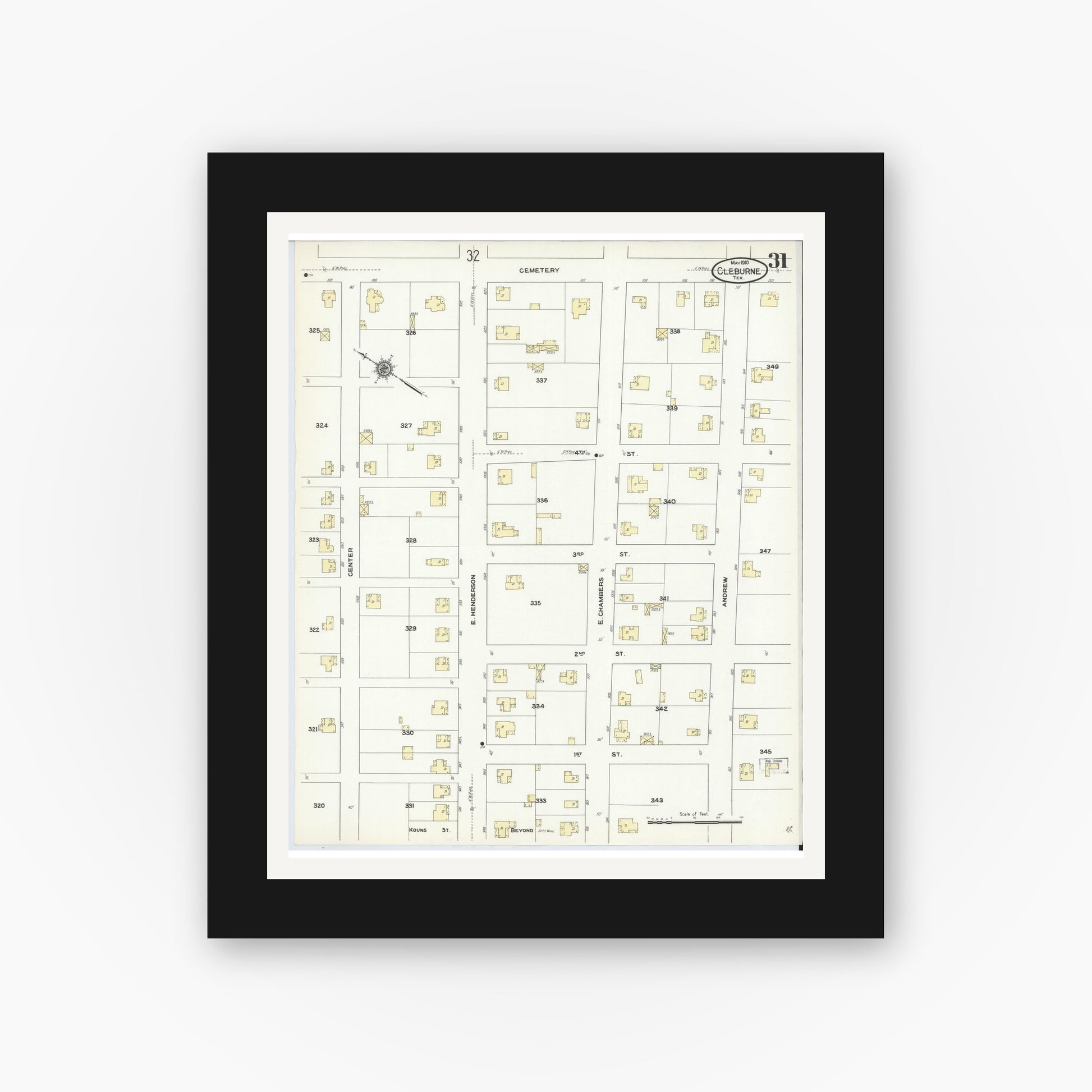 Old map wall art mockup — black gallery frame with white mat — Sanborn Fire Insurance Map from Cleburne, Johnson County, Texas (1910), Sheet #0031