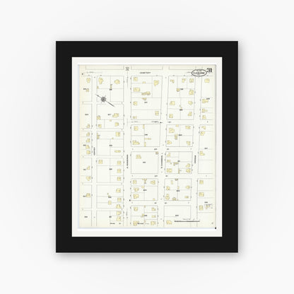 Old map wall art mockup — black gallery frame with white mat — Sanborn Fire Insurance Map from Cleburne, Johnson County, Texas (1910), Sheet #0031