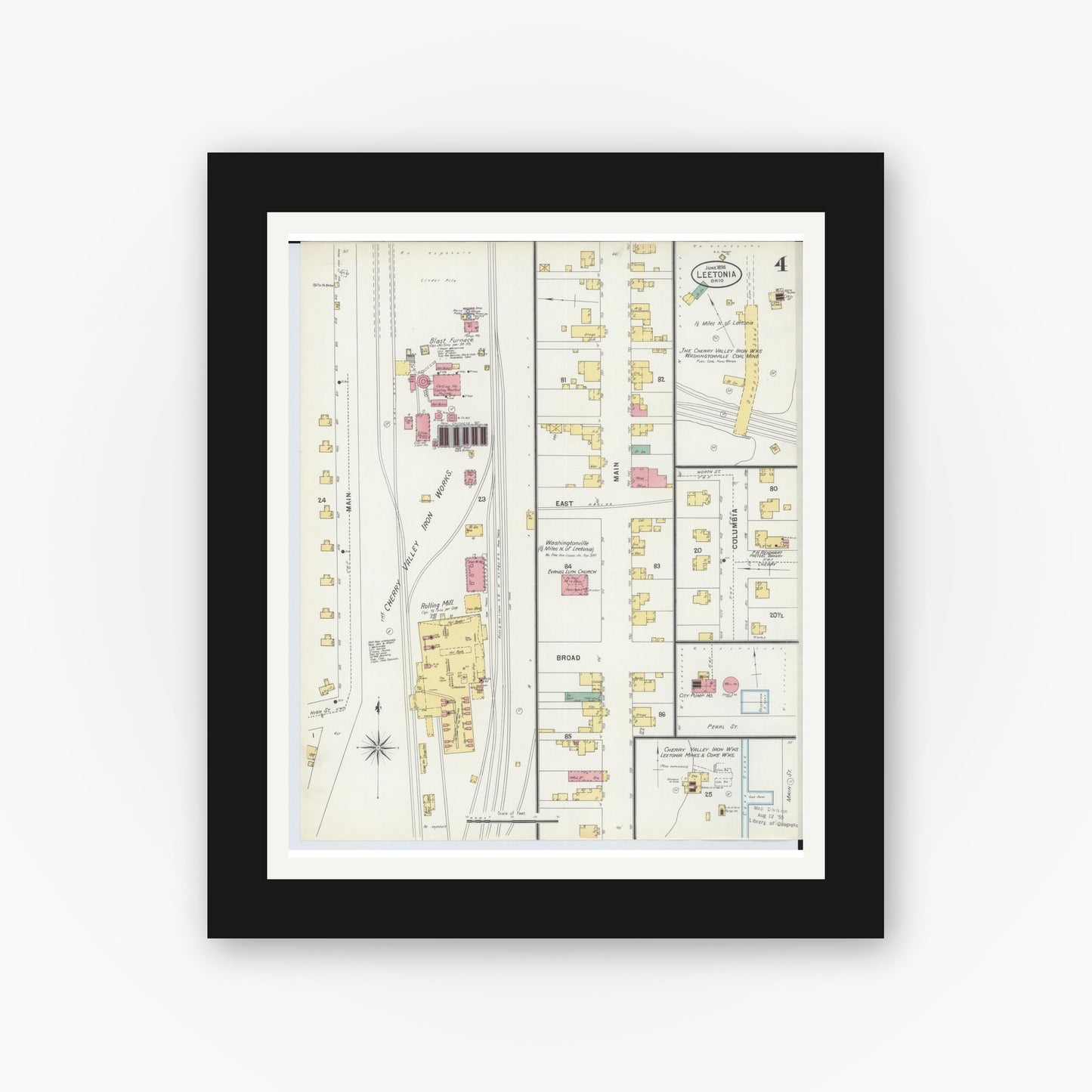 Old map wall art mockup — black gallery frame with white mat — Sanborn Fire Insurance Map from Leetonia, Columbiana County, Ohio (1898), Sheet #0004