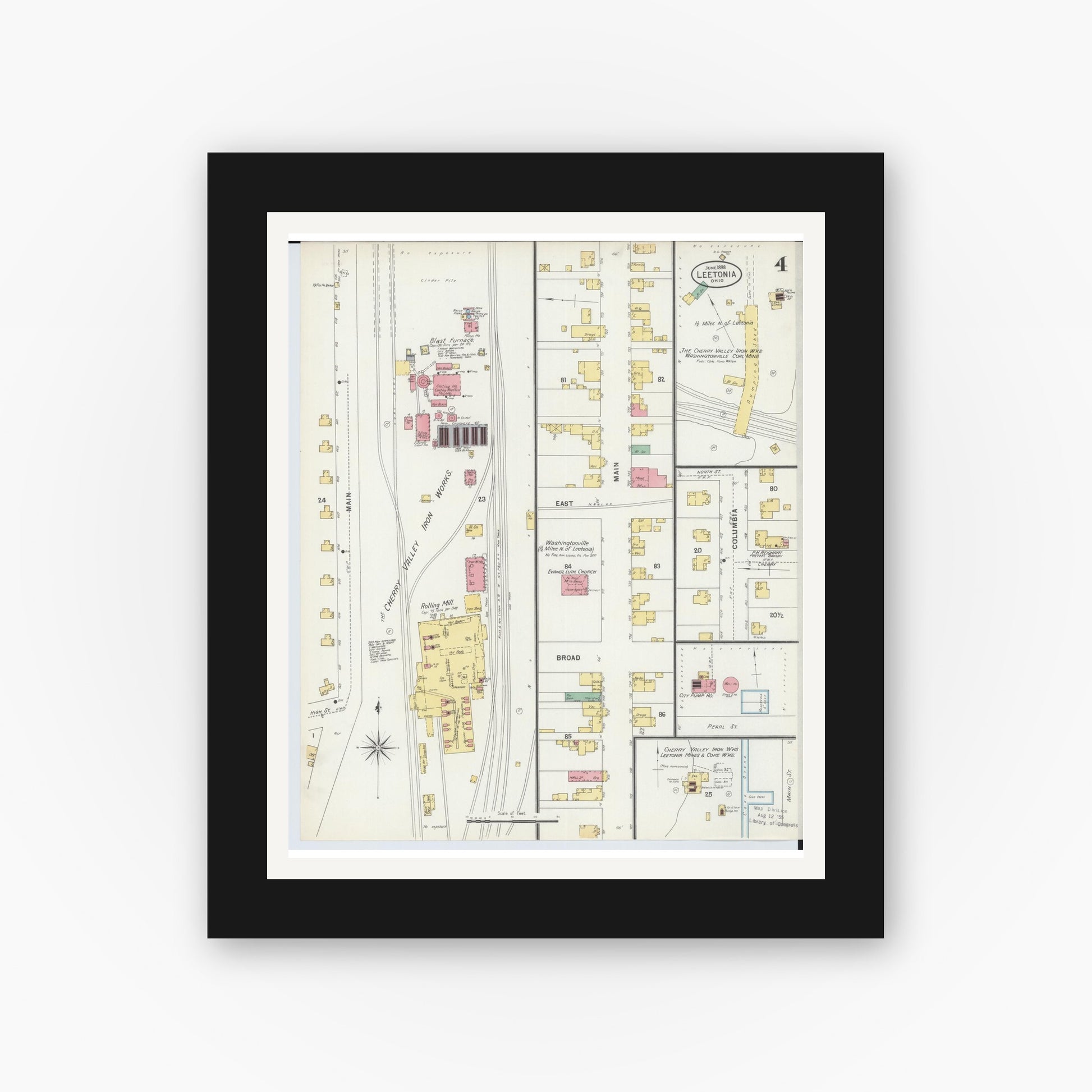 Old map wall art mockup — black gallery frame with white mat — Sanborn Fire Insurance Map from Leetonia, Columbiana County, Ohio (1898), Sheet #0004