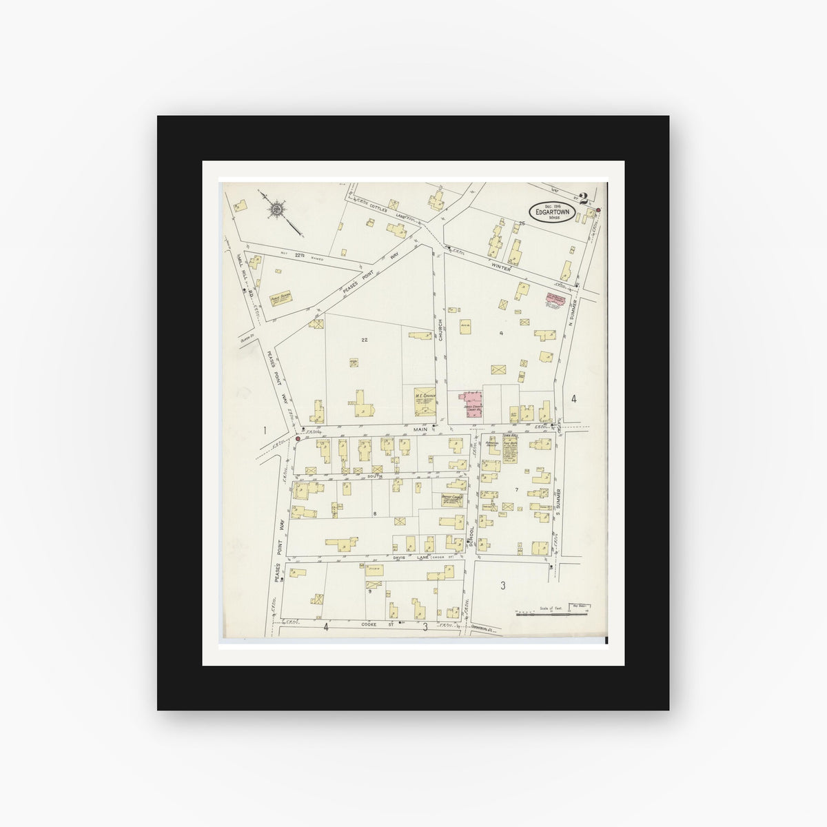 Old map wall art mockup — black gallery frame with white mat — Sanborn Fire Insurance Map from Edgartown, Dukes County, Massachusetts (1914), Sheet #0002