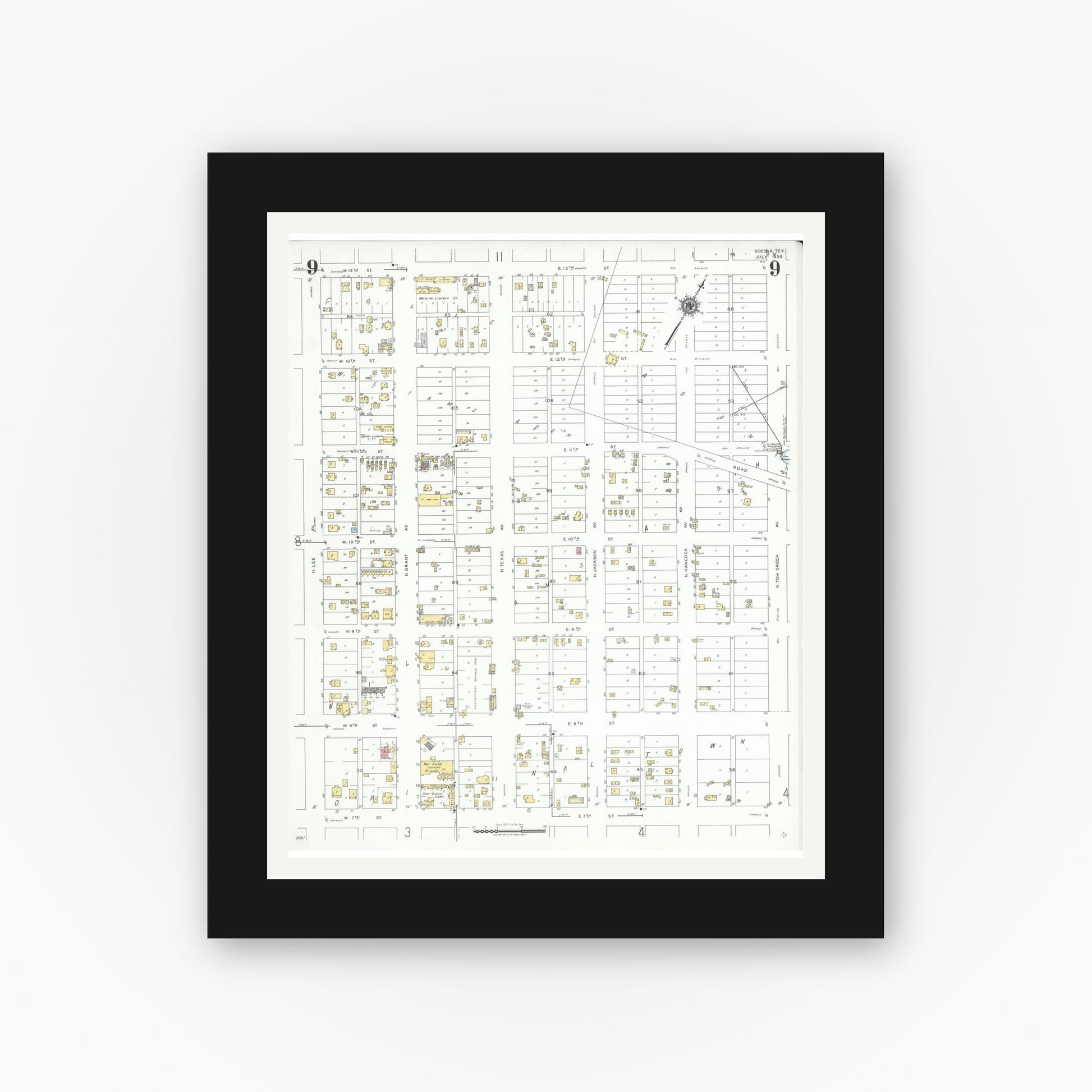Old map wall art mockup — black gallery frame with white mat — Sanborn Fire Insurance Map from Odessa, Edger County, Texas (1939), Sheet #0009