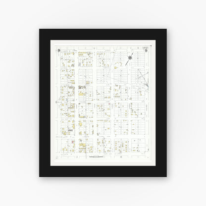 Old map wall art mockup — black gallery frame with white mat — Sanborn Fire Insurance Map from Odessa, Edger County, Texas (1939), Sheet #0009