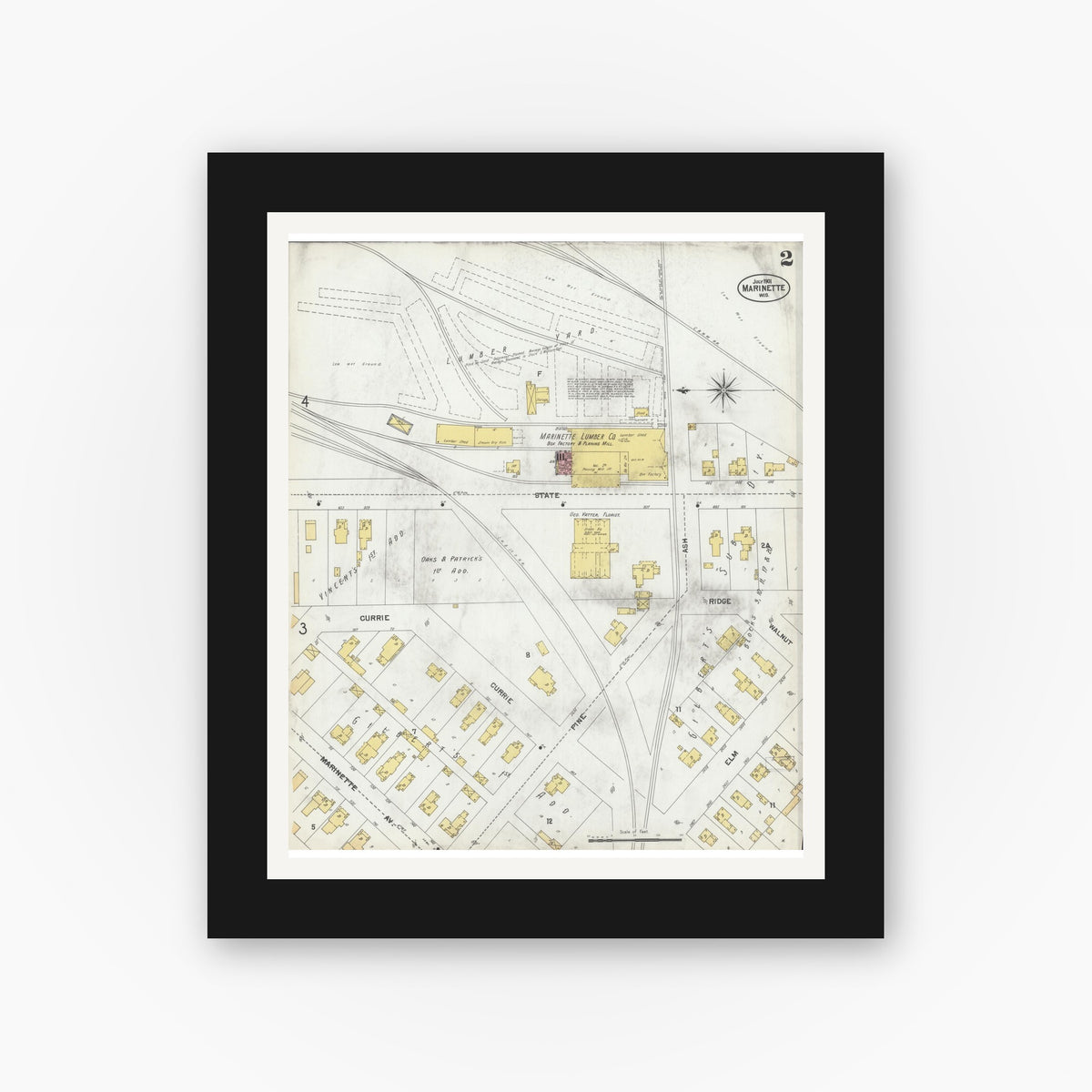 Old map wall art mockup — black gallery frame with white mat — Sanborn Fire Insurance Map from Marinette, Marinette County, Wisconsin (1901), Sheet #0002