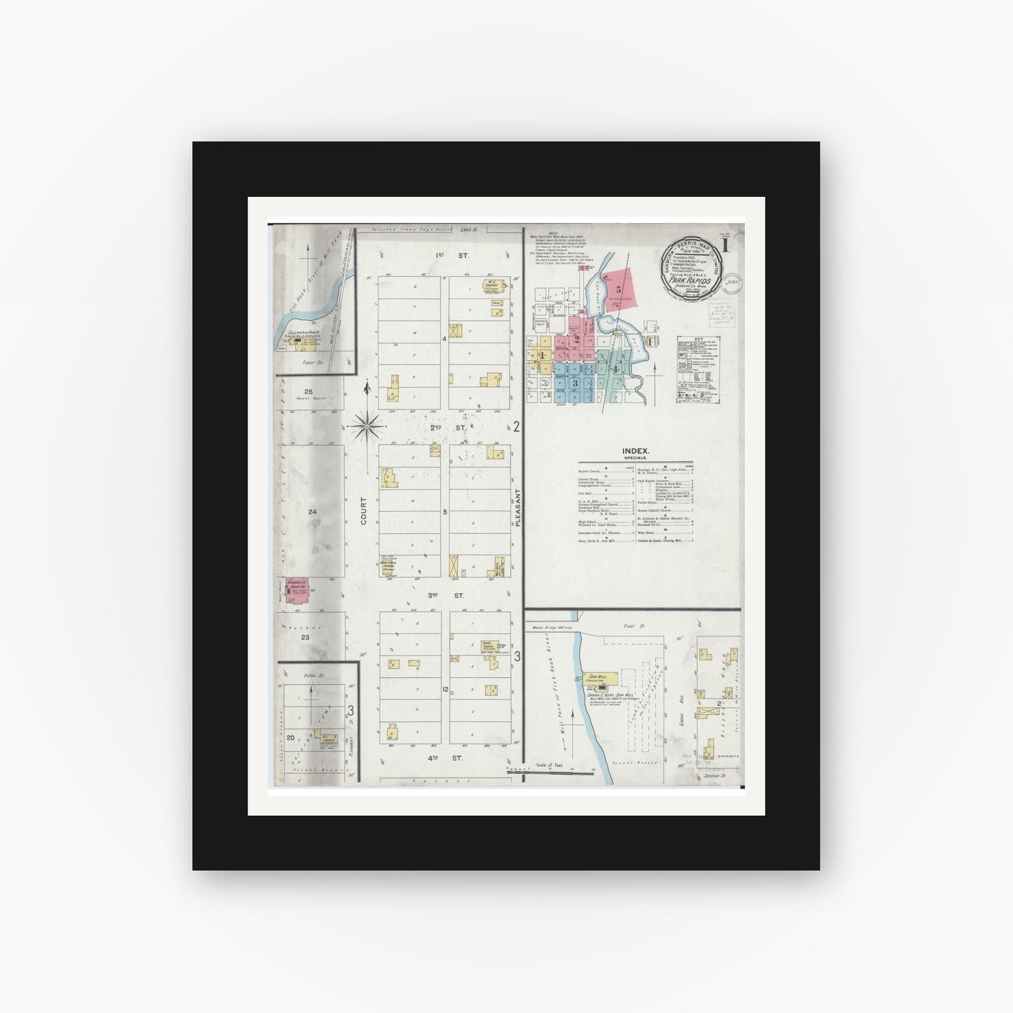 Old map wall art mockup — black gallery frame with white mat — Sanborn Fire Insurance Map from Park Rapids, Hubbard County, Minnesota (1900) - Complete Map Set
