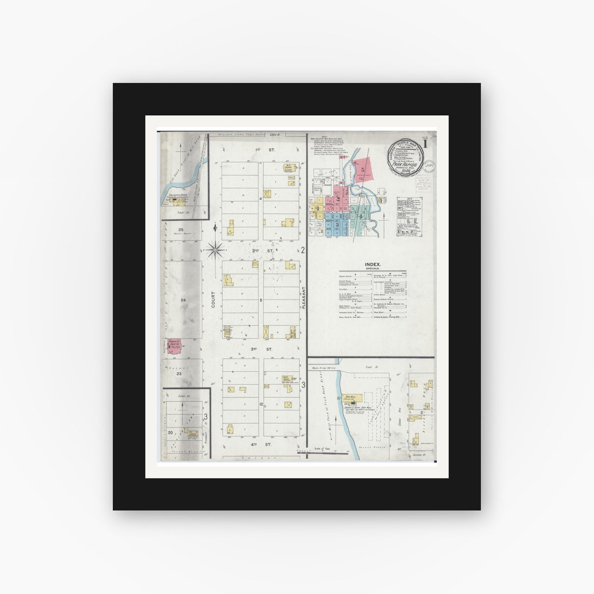 Old map wall art mockup — black gallery frame with white mat — Sanborn Fire Insurance Map from Park Rapids, Hubbard County, Minnesota (1900) - Complete Map Set