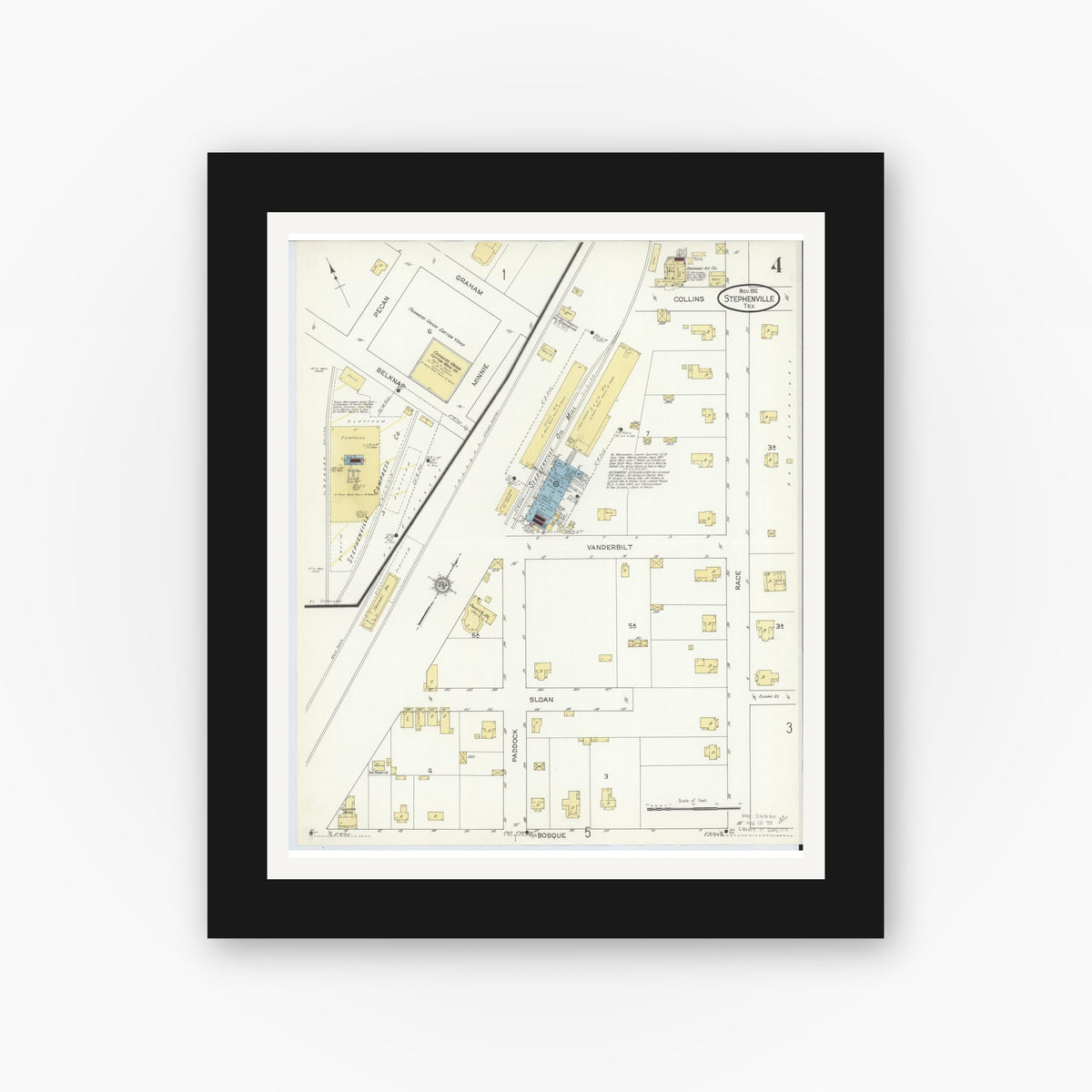 Old map wall art mockup — black gallery frame with white mat — Sanborn Fire Insurance Map from Stephenville, Erath County, Texas (1912), Sheet #0004