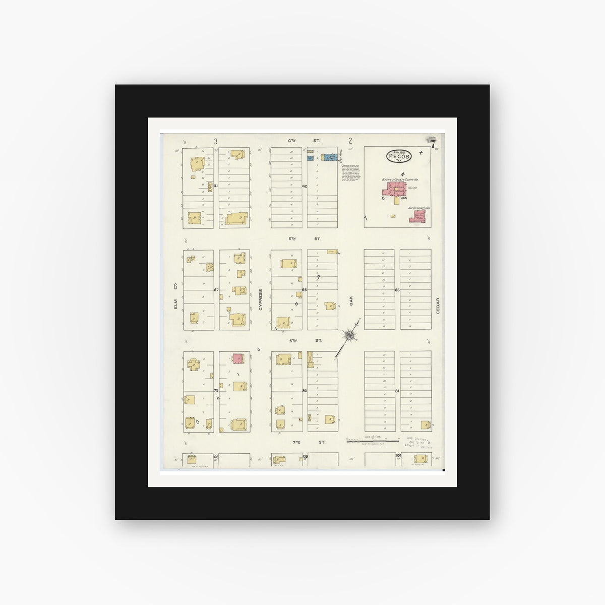 Old map wall art mockup — black gallery frame with white mat — Sanborn Fire Insurance Map from Pecos, Reeves County, Texas (1921), Sheet #0007