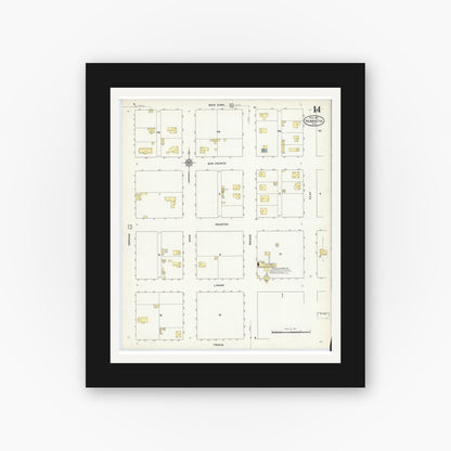 Old map wall art mockup — black gallery frame with white mat — Sanborn Fire Insurance Map from Henrietta, Clay County, Texas (1912), Sheet #0014