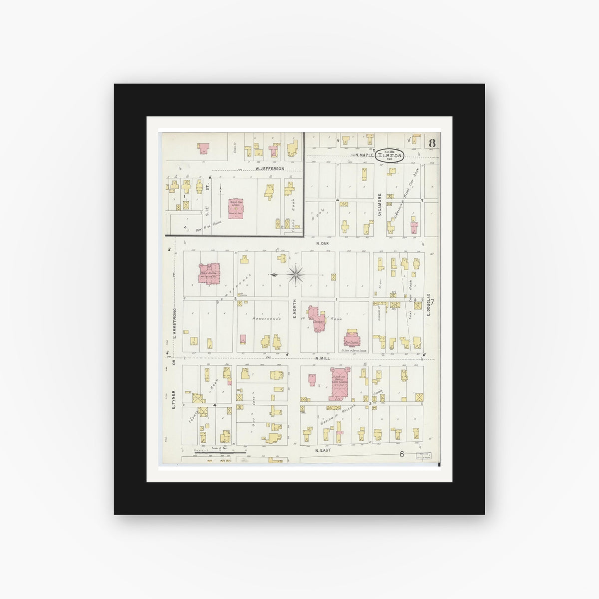 Old map wall art mockup — black gallery frame with white mat — Sanborn Fire Insurance Map from Tipton, Tipton County, Indiana (1896), Sheet #0008