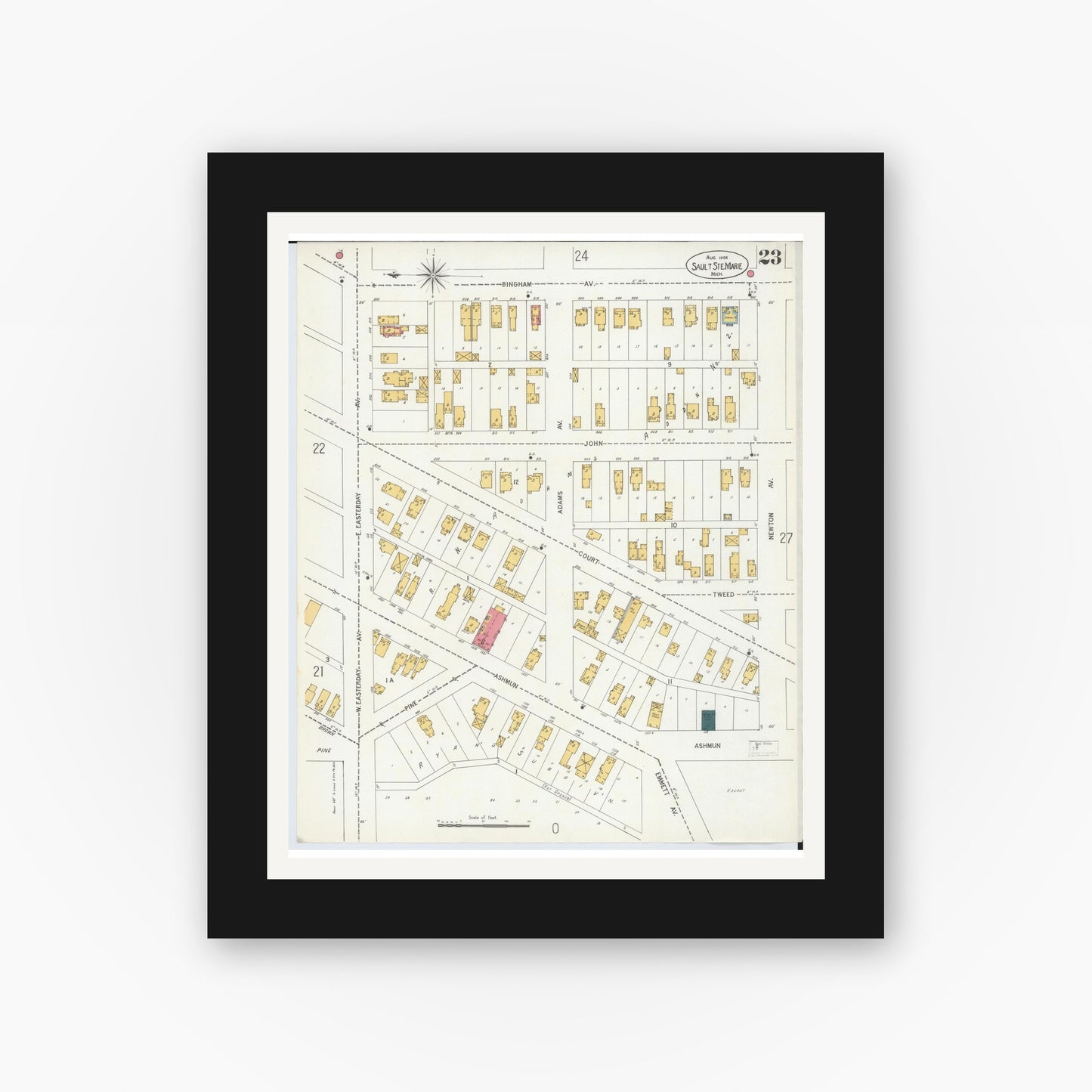 Old map wall art mockup — black gallery frame with white mat — Sanborn Fire Insurance Map from Sault Sainte Marie, Chippewa County, Michigan (1906), Sheet #0023