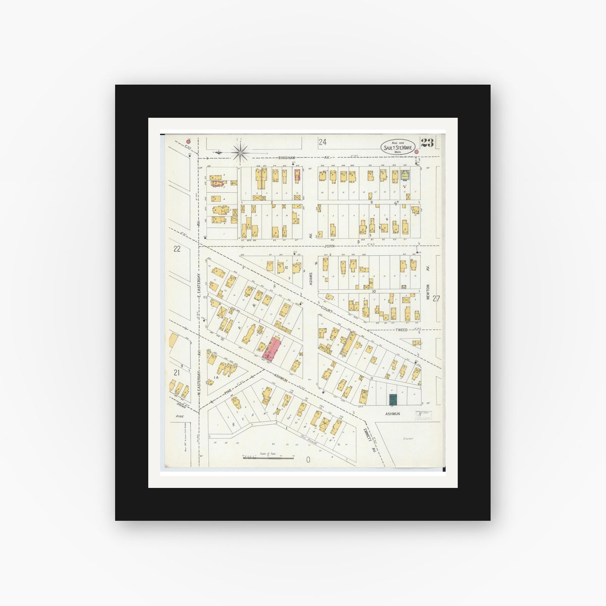 Old map wall art mockup — black gallery frame with white mat — Sanborn Fire Insurance Map from Sault Sainte Marie, Chippewa County, Michigan (1906), Sheet #0023