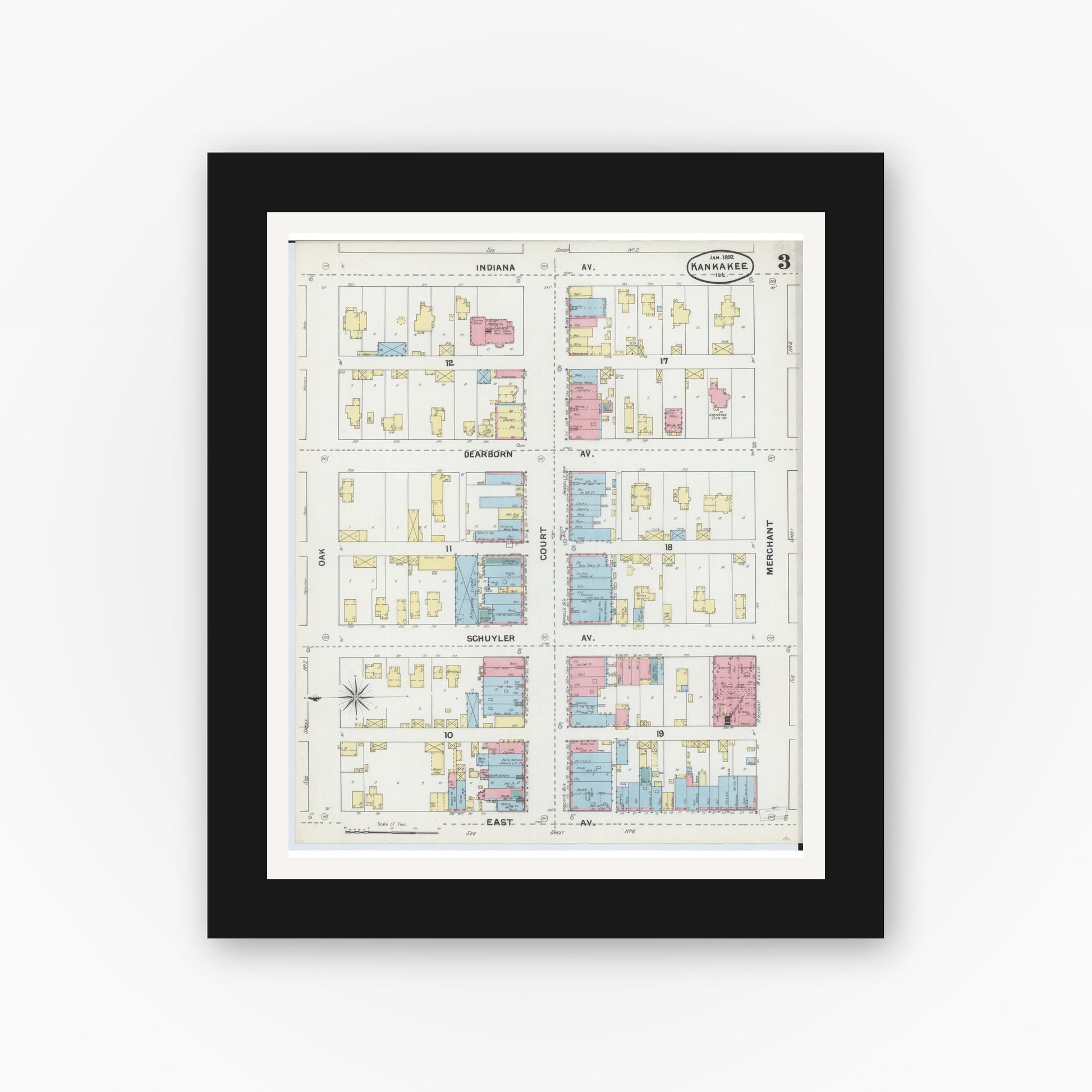 Old map wall art mockup — black gallery frame with white mat — Sanborn Fire Insurance Map from Kankakee, Kankakee County, Illinois (1892), Sheet #0003