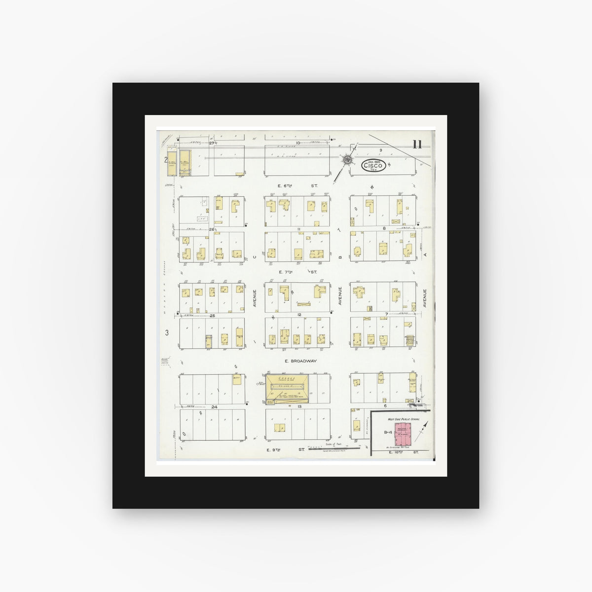 Old map wall art mockup — black gallery frame with white mat — Sanborn Fire Insurance Map from Cisco, Eastland County, Texas (1920), Sheet #0011