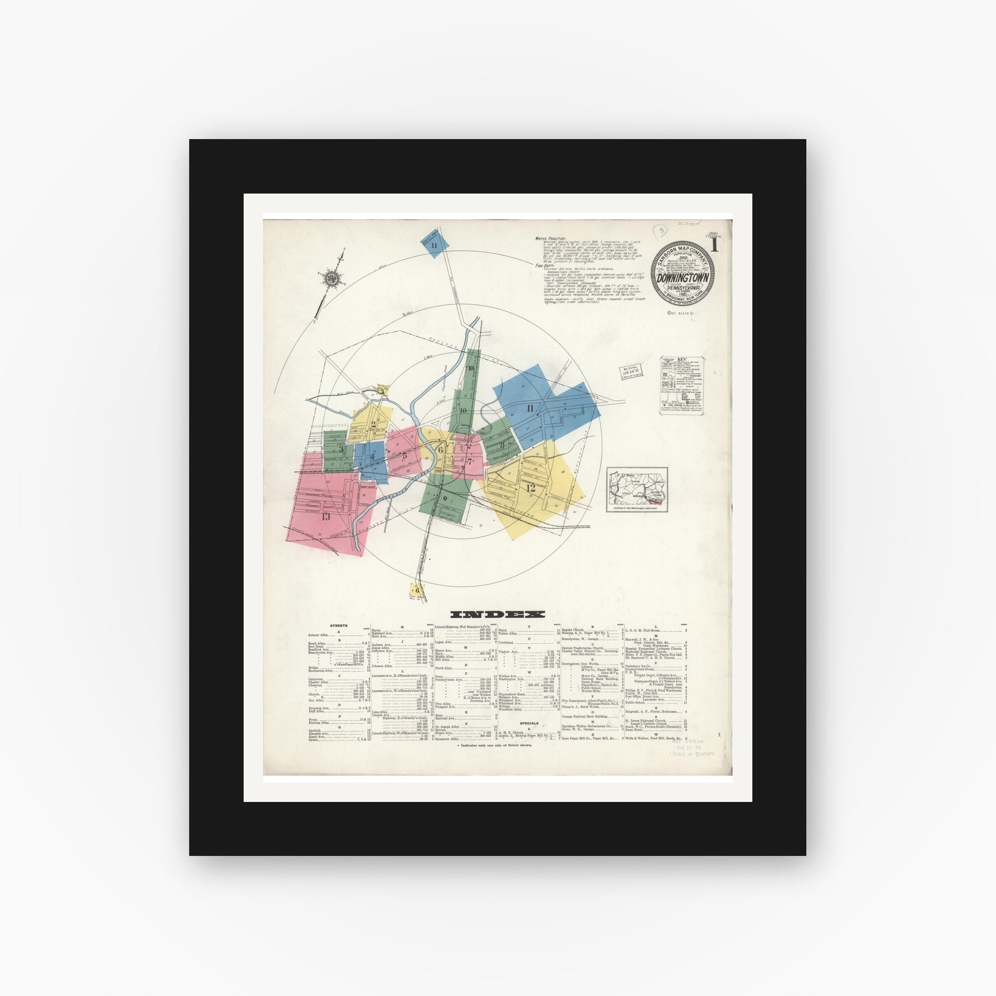 Old map wall art mockup — black gallery frame with white mat — Sanborn Fire Insurance Map from Downingtown, Chester County, Pennsylvania (1921), Sheet #0001