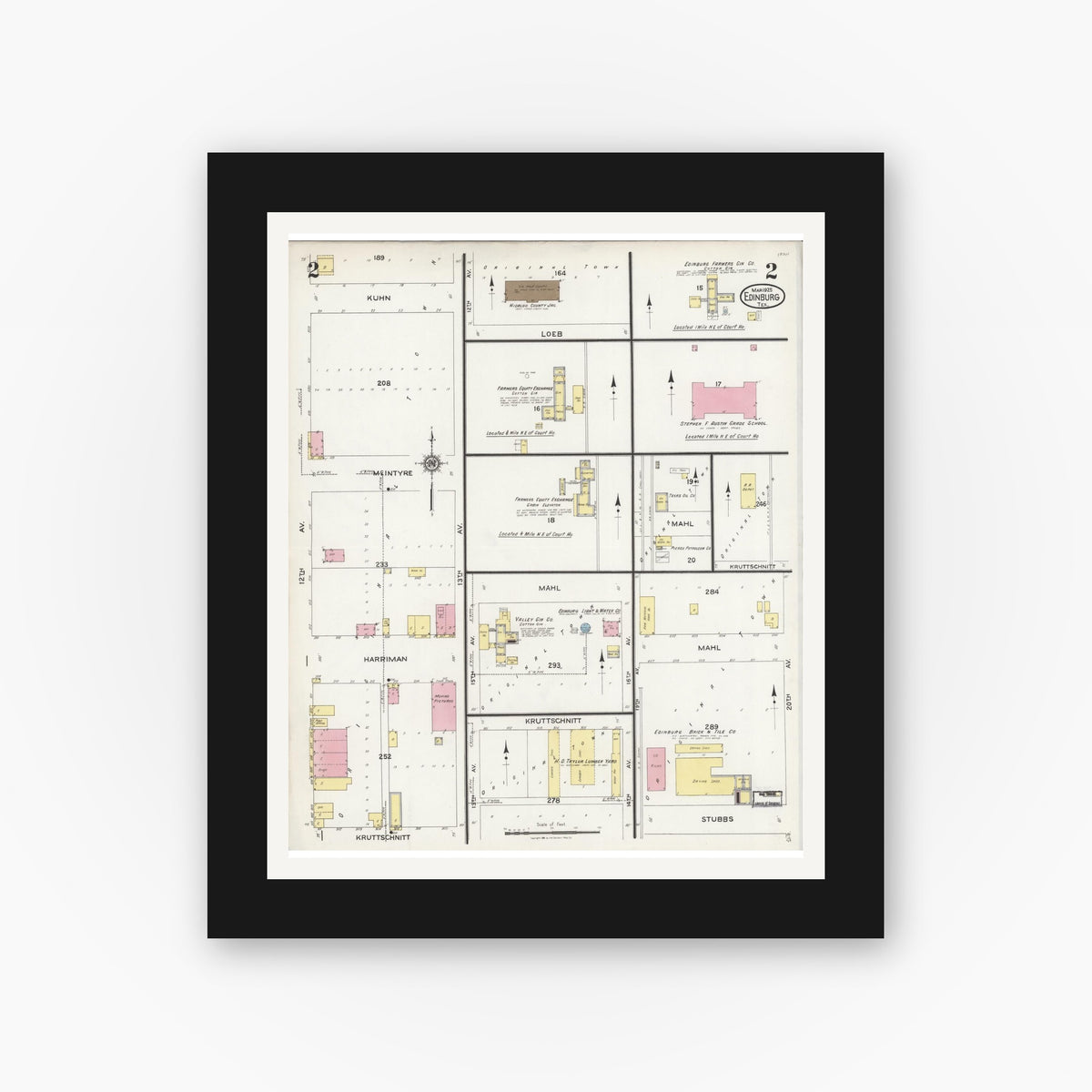 Old map wall art mockup — black gallery frame with white mat — Sanborn Fire Insurance Map from Edinburg, Hidalgo County, Texas (1925), Sheet #0002