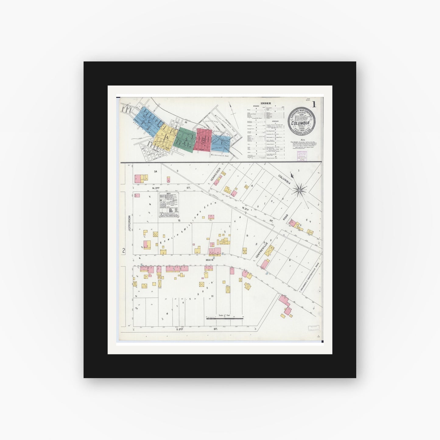 Old map wall art mockup — black gallery frame with white mat — Sanborn Fire Insurance Map from Columbia, Monroe County, Illinois (1906) - Complete Map Set