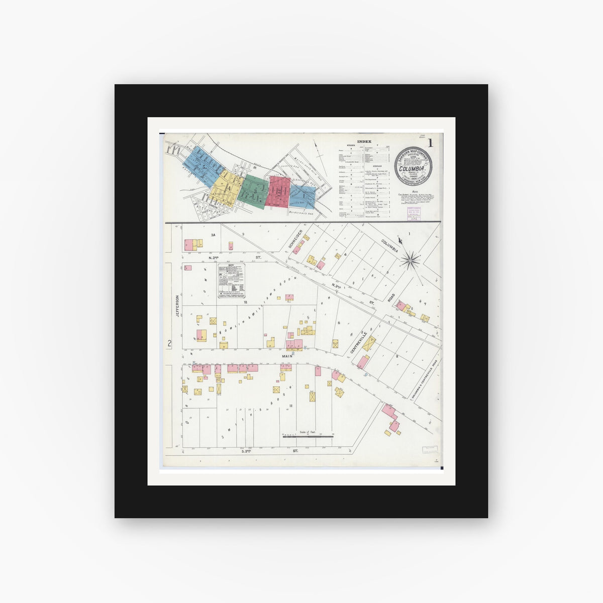 Old map wall art mockup — black gallery frame with white mat — Sanborn Fire Insurance Map from Columbia, Monroe County, Illinois (1906) - Complete Map Set