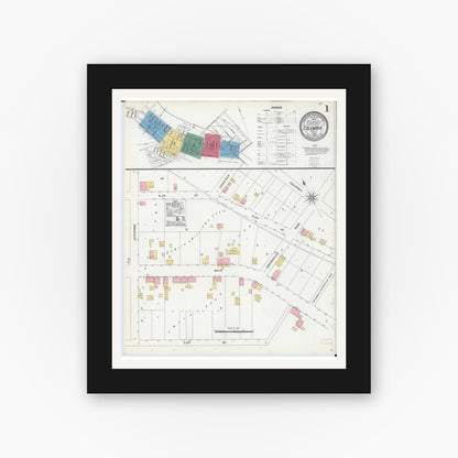 Old map wall art mockup — black gallery frame with white mat — Sanborn Fire Insurance Map from Columbia, Monroe County, Illinois (1906) - Complete Map Set