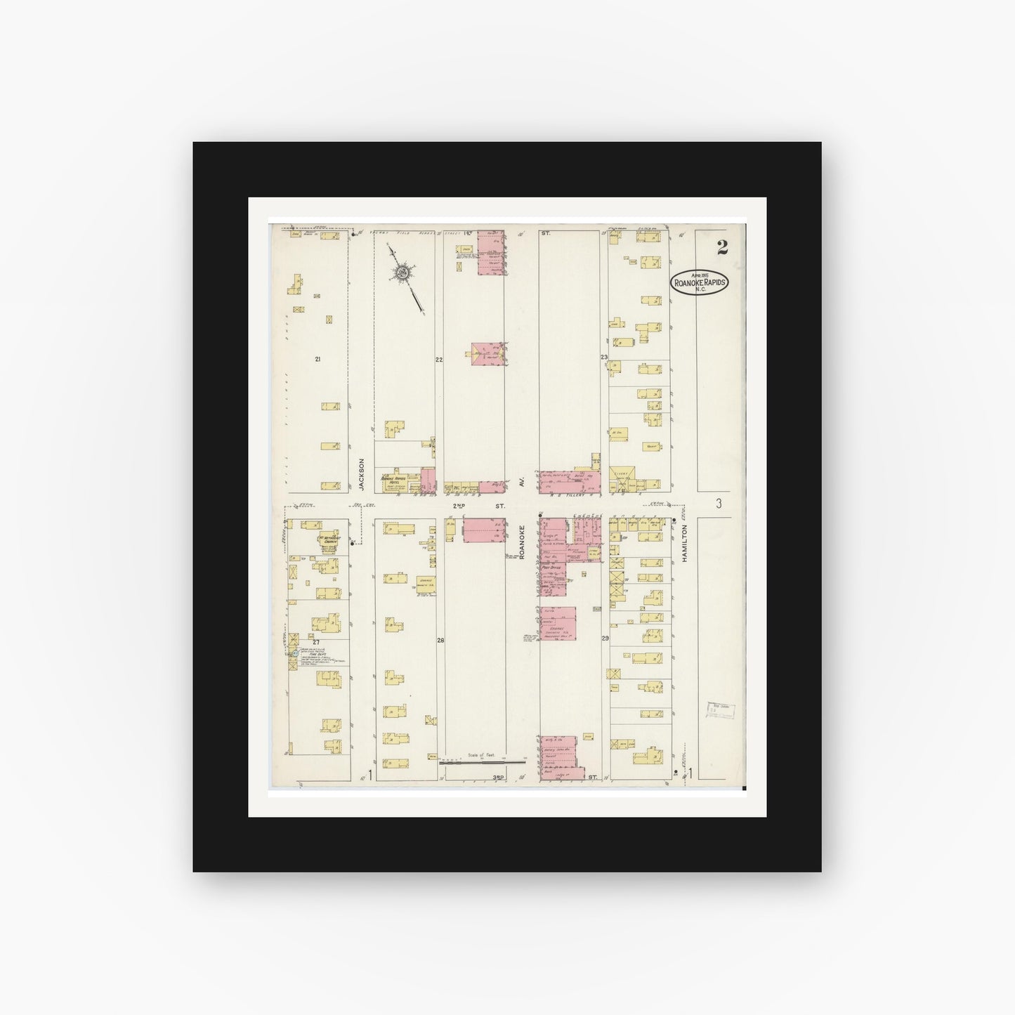 Old map wall art mockup — black gallery frame with white mat — Sanborn Fire Insurance Map from Roanoke Rapids, Halifax County, North Carolina (1915), Sheet #0002