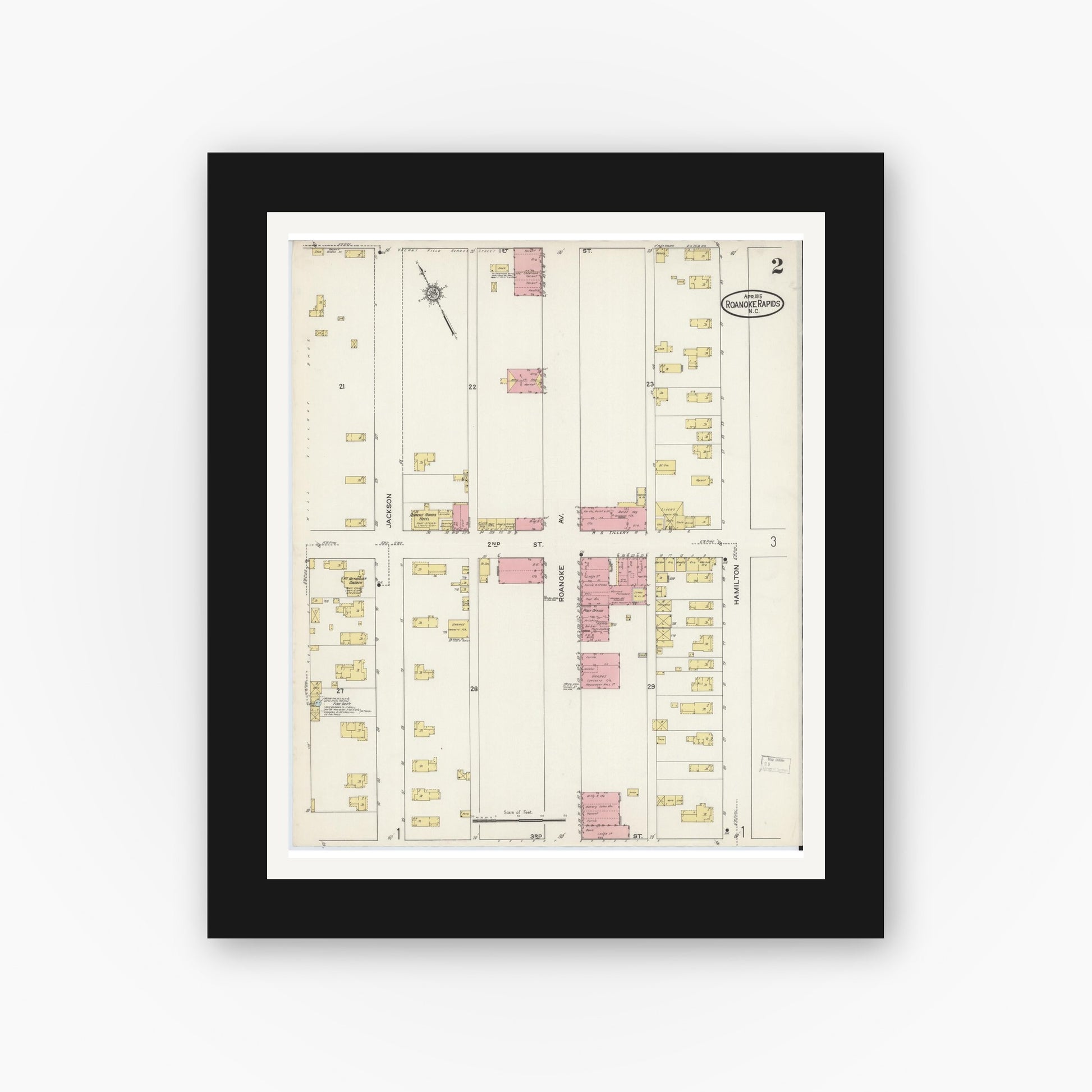Old map wall art mockup — black gallery frame with white mat — Sanborn Fire Insurance Map from Roanoke Rapids, Halifax County, North Carolina (1915), Sheet #0002